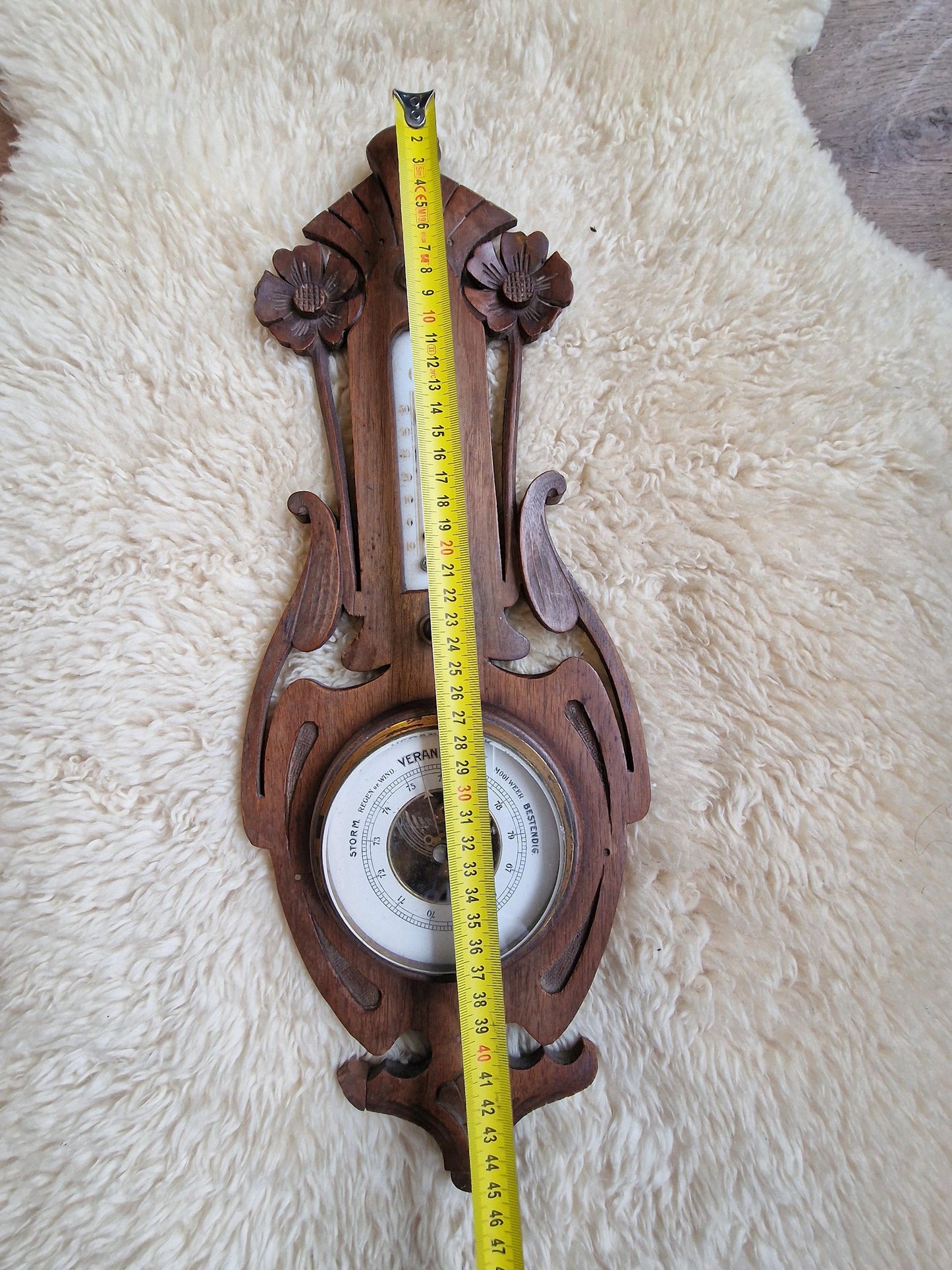 Antique Art Nouveau Holosteric Barometer, dutch Carved Oak Weather Station cottage