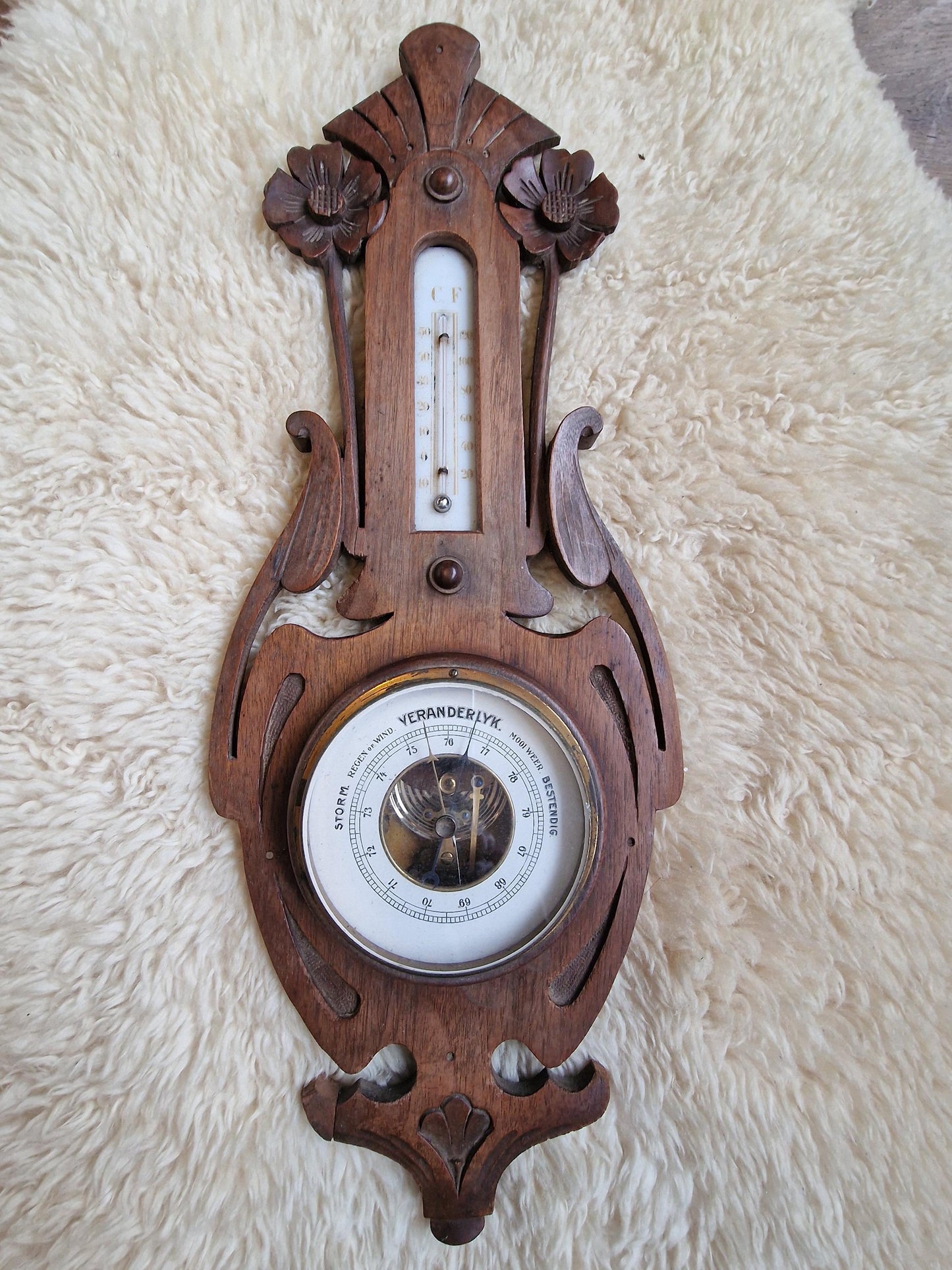 Antique Art Nouveau Holosteric Barometer, dutch Carved Oak Weather Station cottage