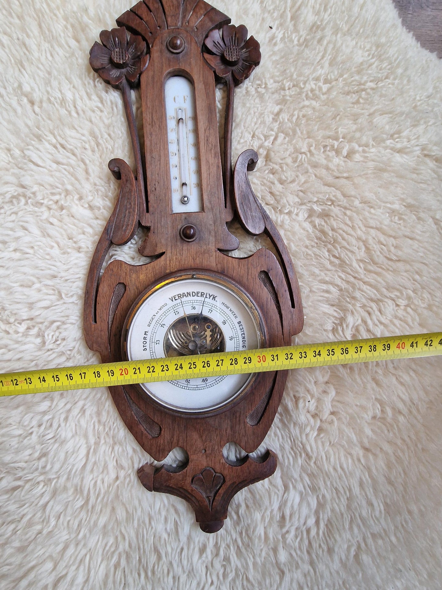 Antique Art Nouveau Holosteric Barometer, dutch Carved Oak Weather Station cottage