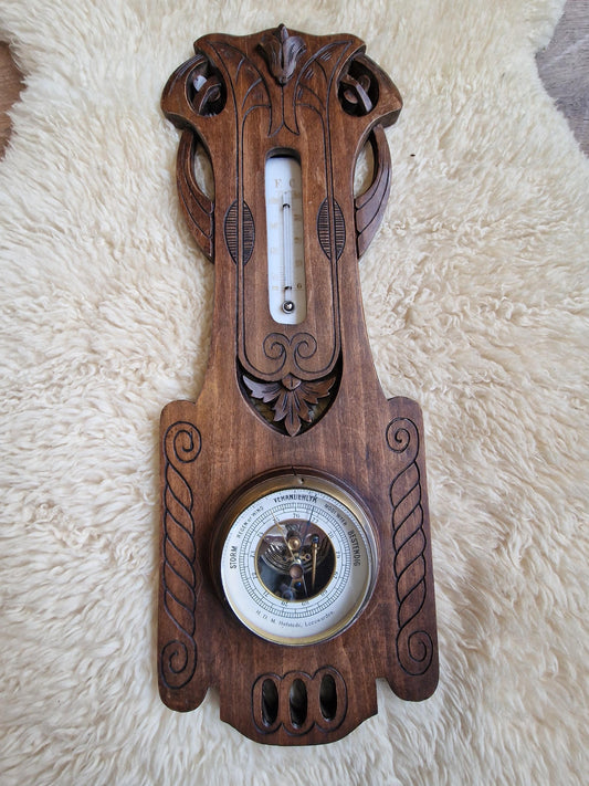 Antique Frysian Art Nouveau Holosteric Barometer, dutch Carved Oak Weather Station Hofstede Leeuwarden the netgerlands