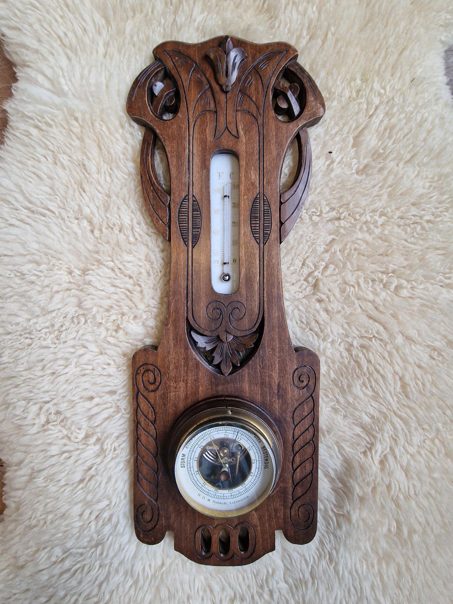 Antique Frysian Art Nouveau Holosteric Barometer, dutch Carved Oak Weather Station Hofstede Leeuwarden the netgerlands
