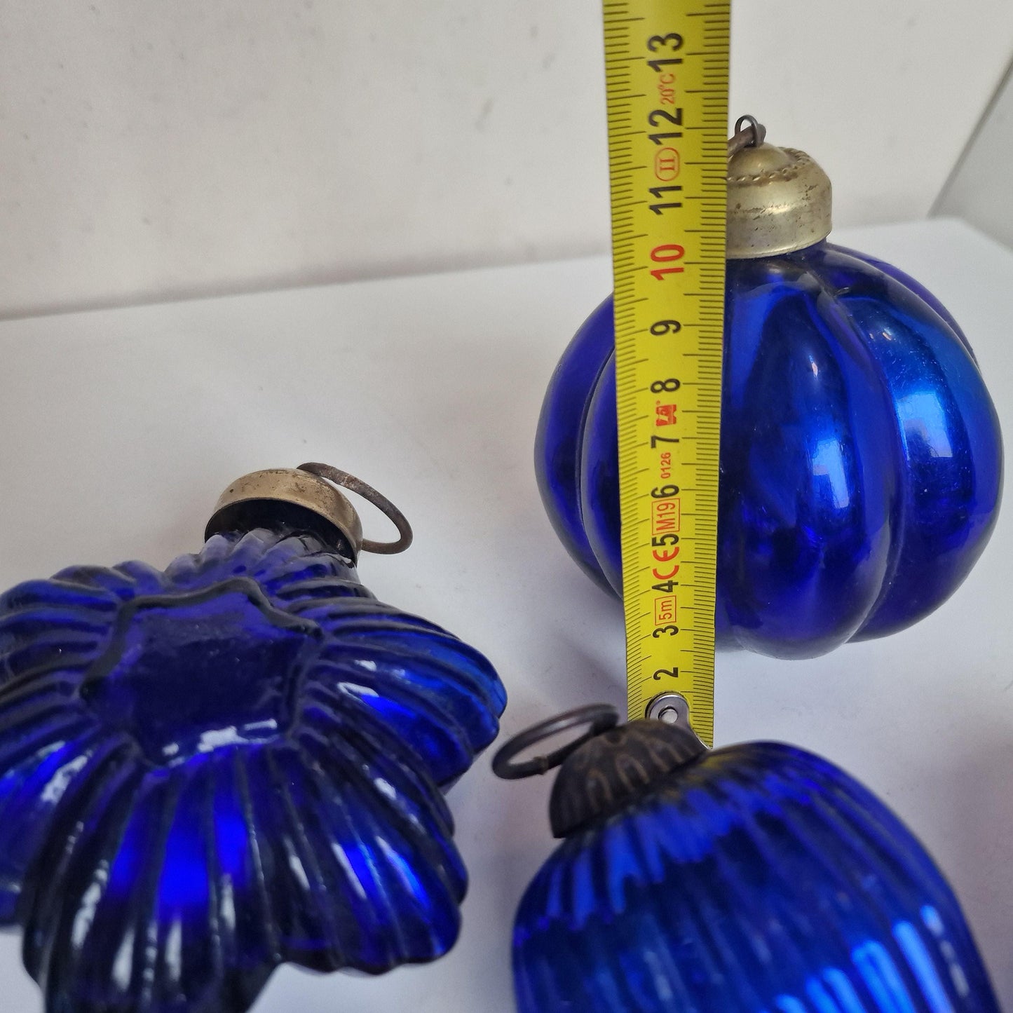 Antique Heavy Glass Christmas Baubles, Cobalt Blue Ornaments, Set of 9
