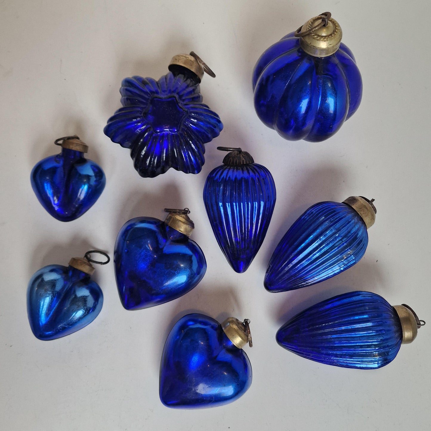 Antique Heavy Glass Christmas Baubles, Cobalt Blue Ornaments, Set of 9