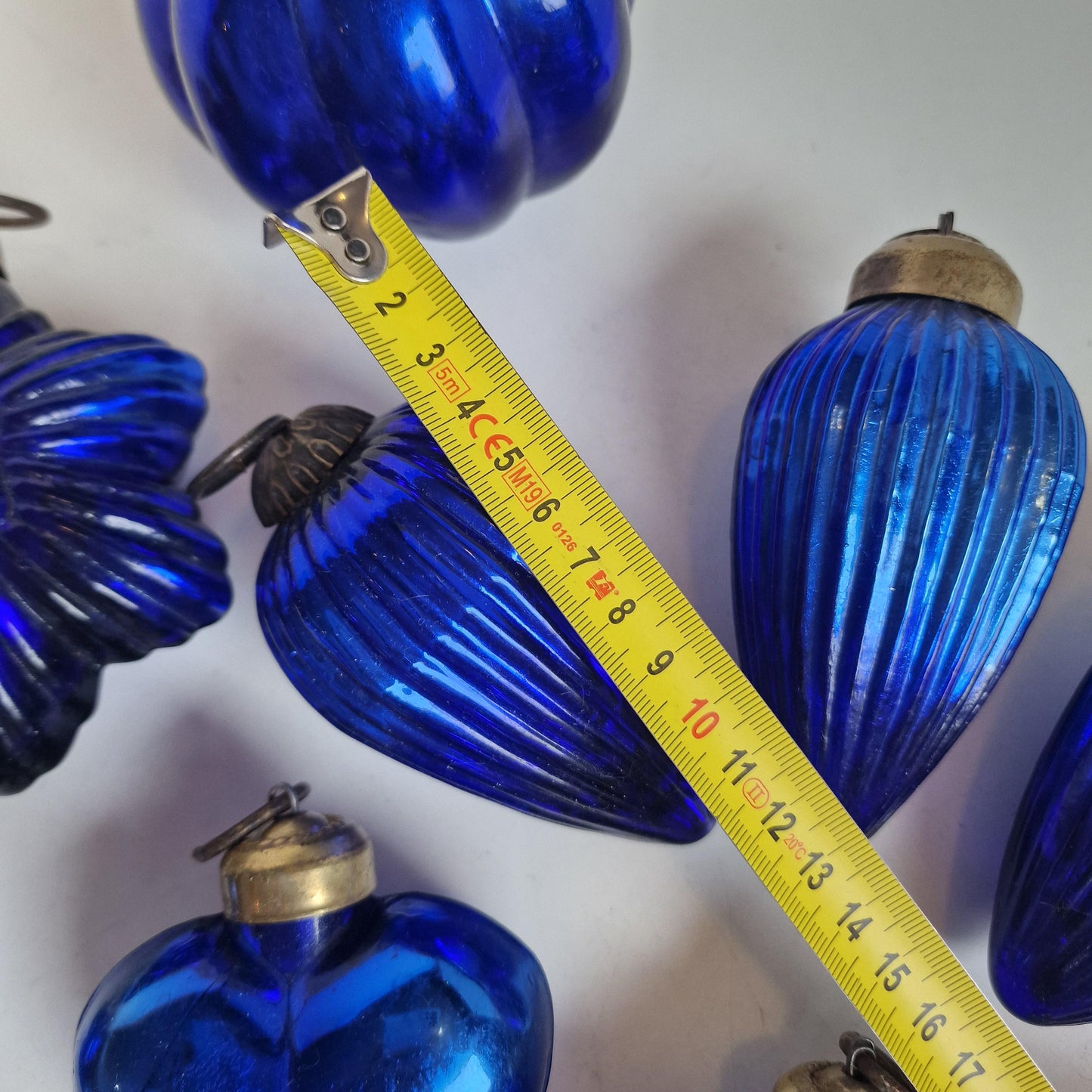 Antique Heavy Glass Christmas Baubles, Cobalt Blue Ornaments, Set of 9