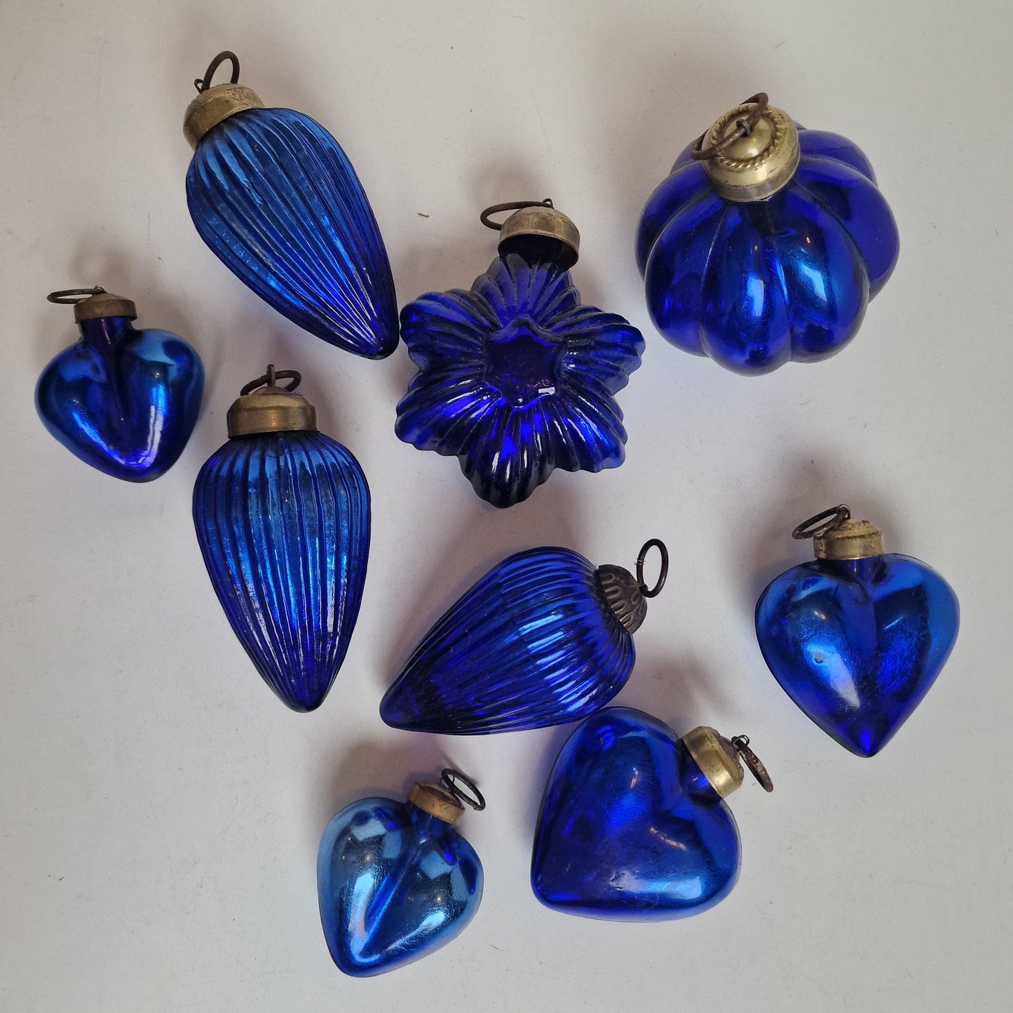 Antique Heavy Glass Christmas Baubles, Cobalt Blue Ornaments, Set of 9
