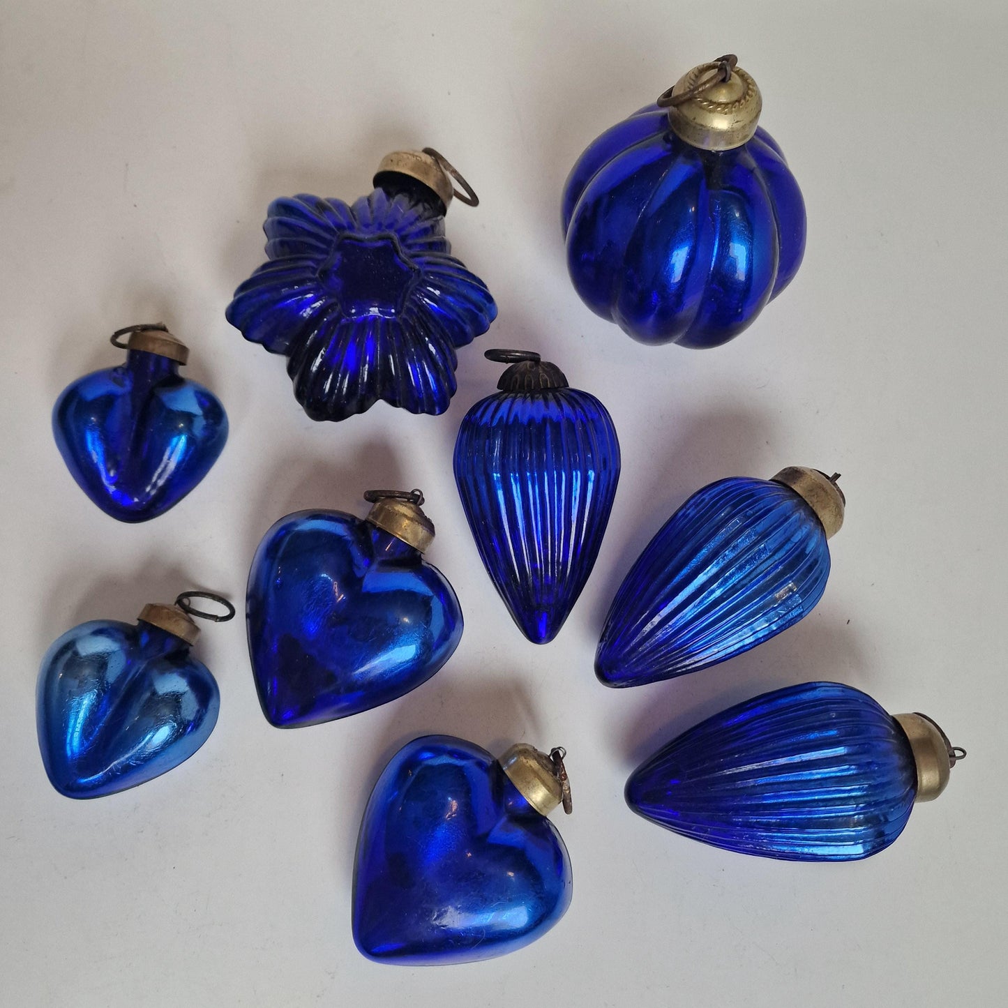 Antique Heavy Glass Christmas Baubles, Cobalt Blue Ornaments, Set of 9