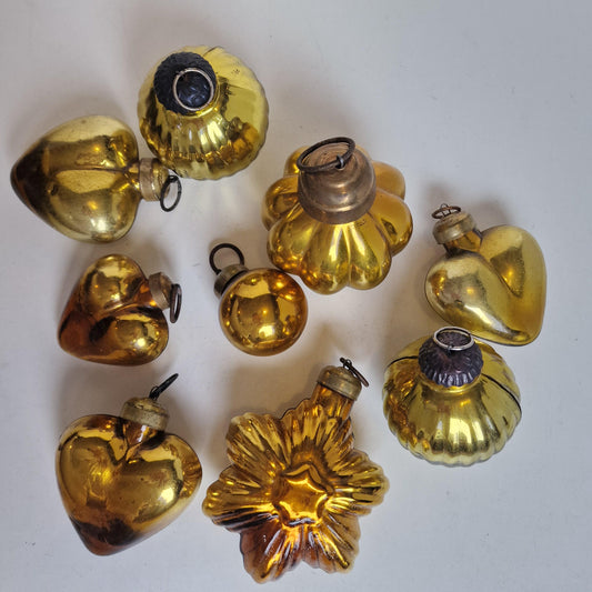 Antique Glass Christmas Baubles, Set of 9 Heavy Ornaments