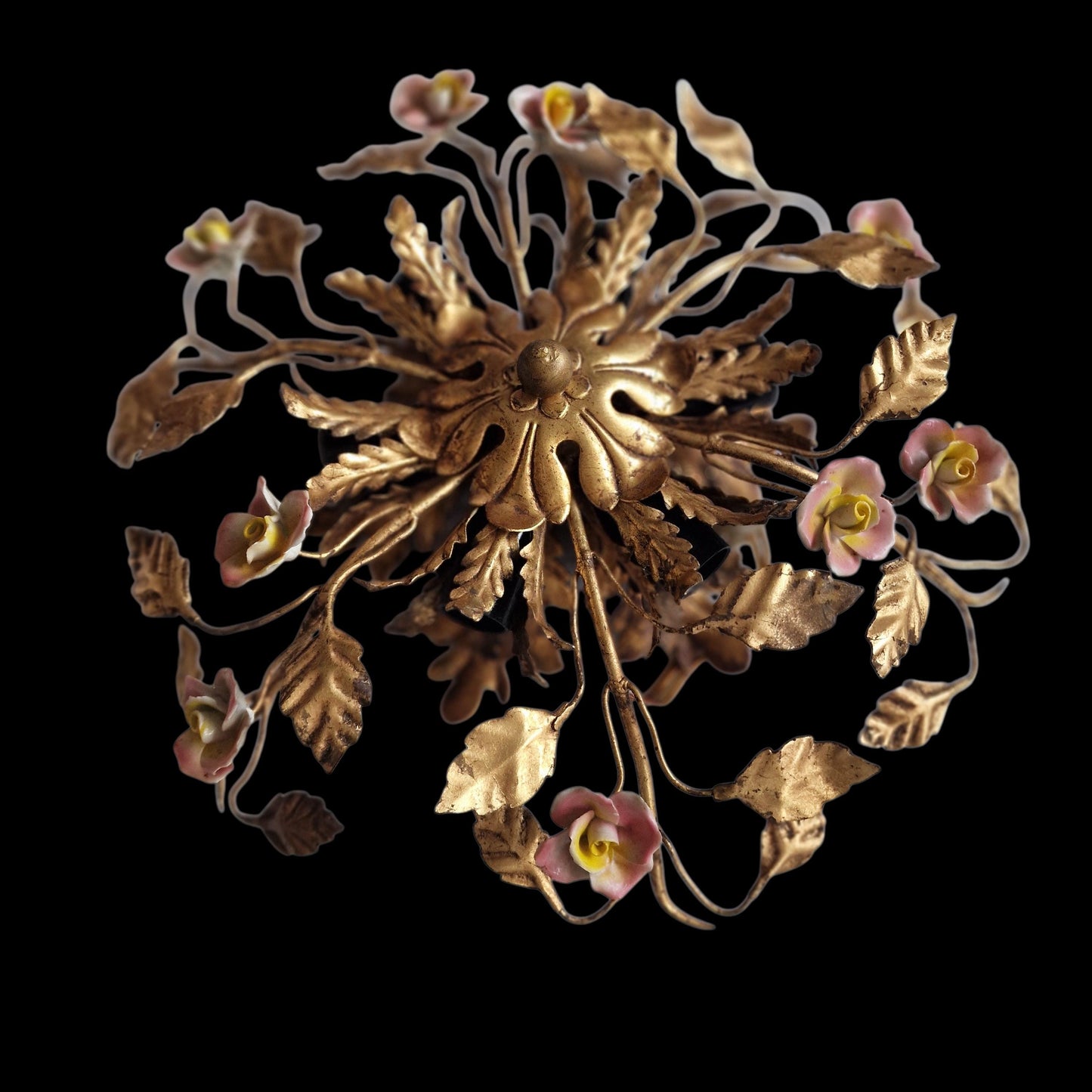 Gold Gilt Porcelain Rose Chandelier, MCM Italian Flower Light