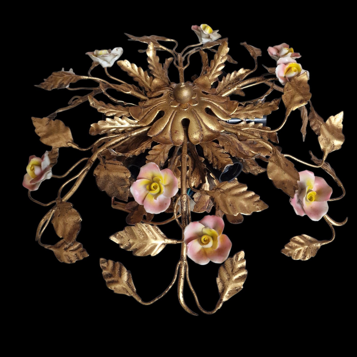 Gold Gilt Porcelain Rose Chandelier, MCM Italian Flower Light