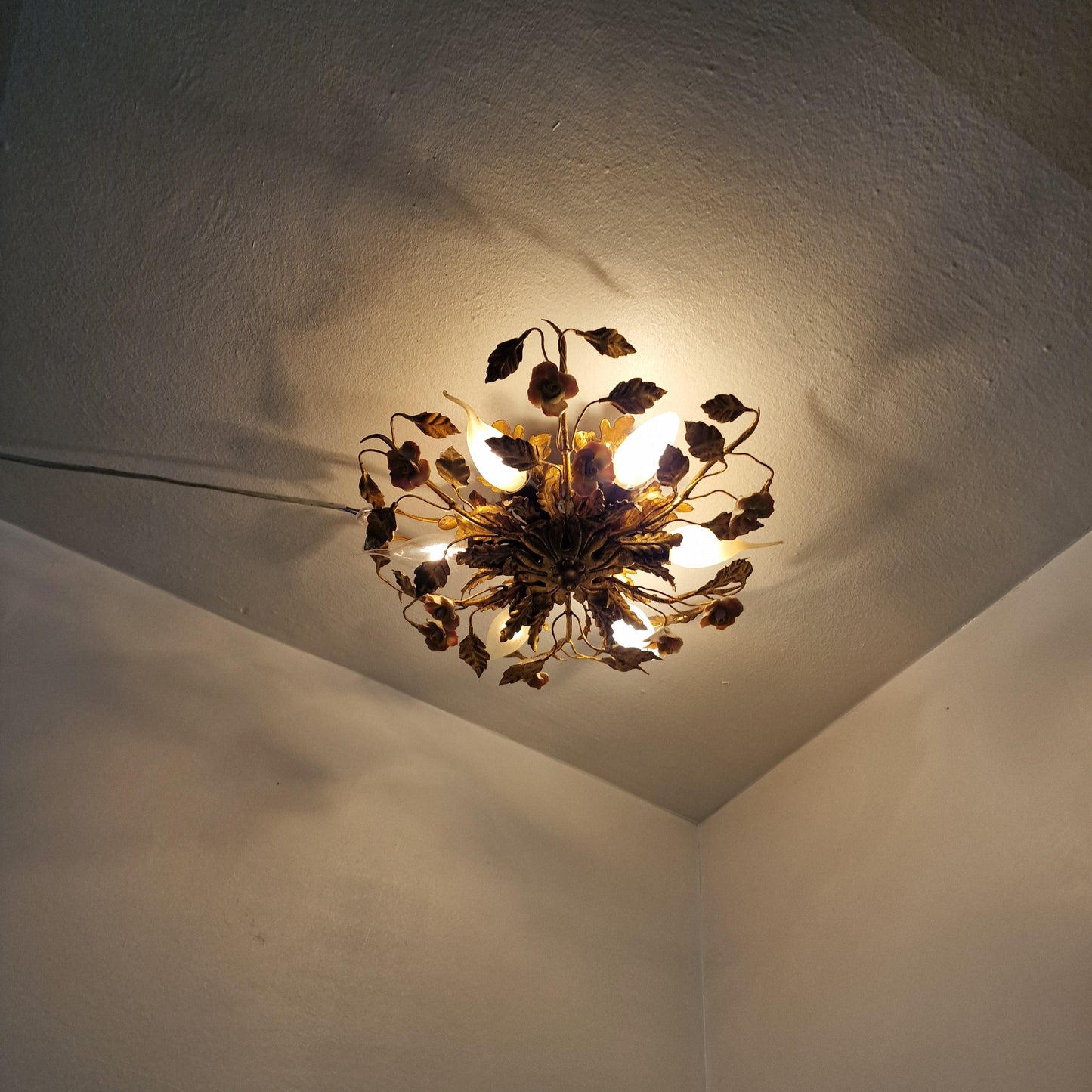 Gold Gilt Porcelain Rose Chandelier, MCM Italian Flower Light