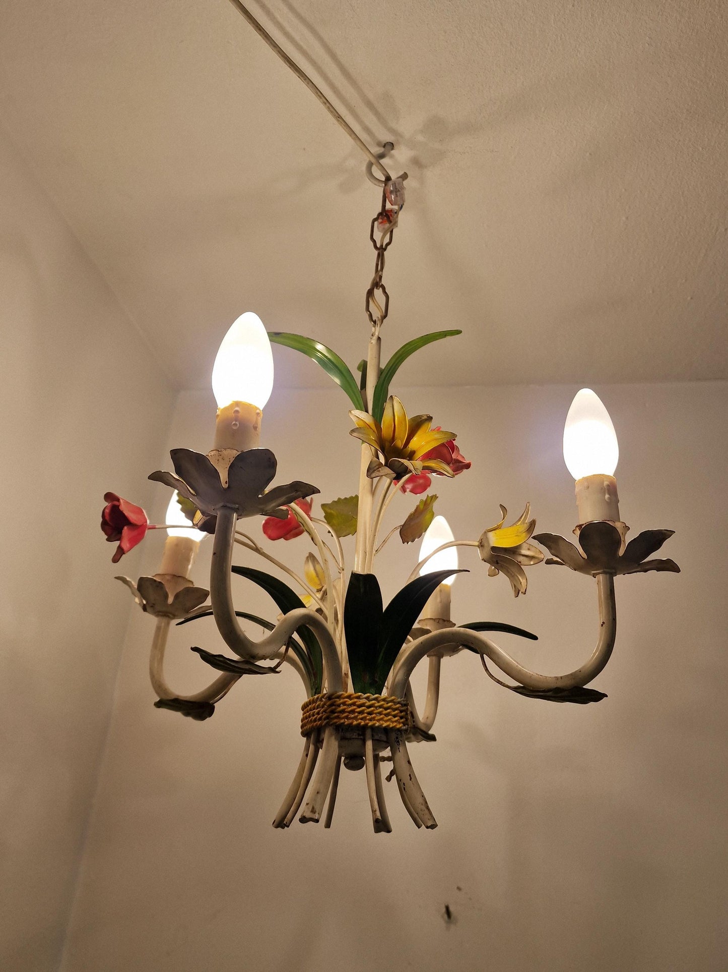 4-Light Exquisite Italian Piedmontese floral chandelier adorned with hand-painted flowers and leaves.