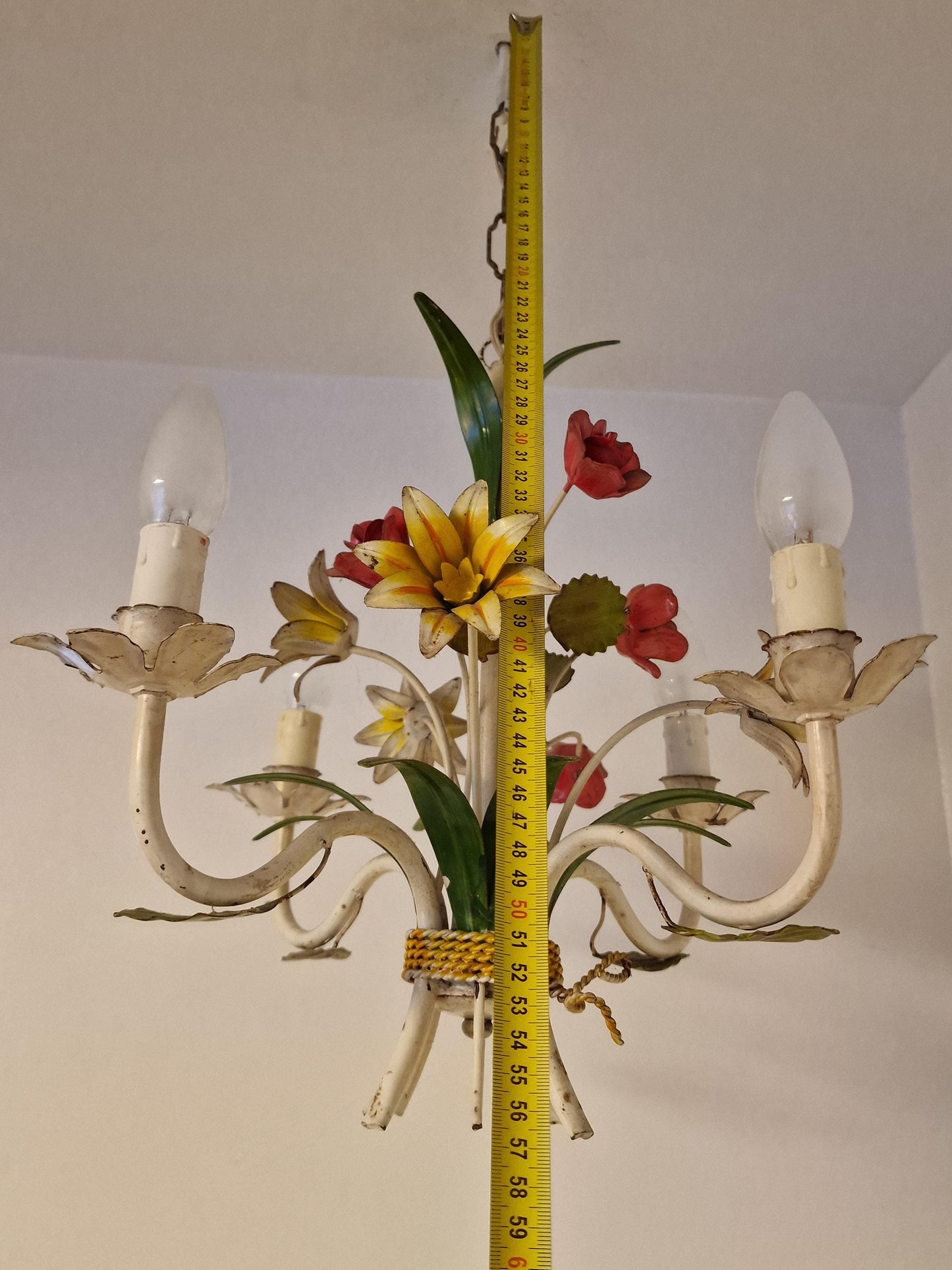 4-Light Exquisite Italian Piedmontese floral chandelier adorned with hand-painted flowers and leaves.