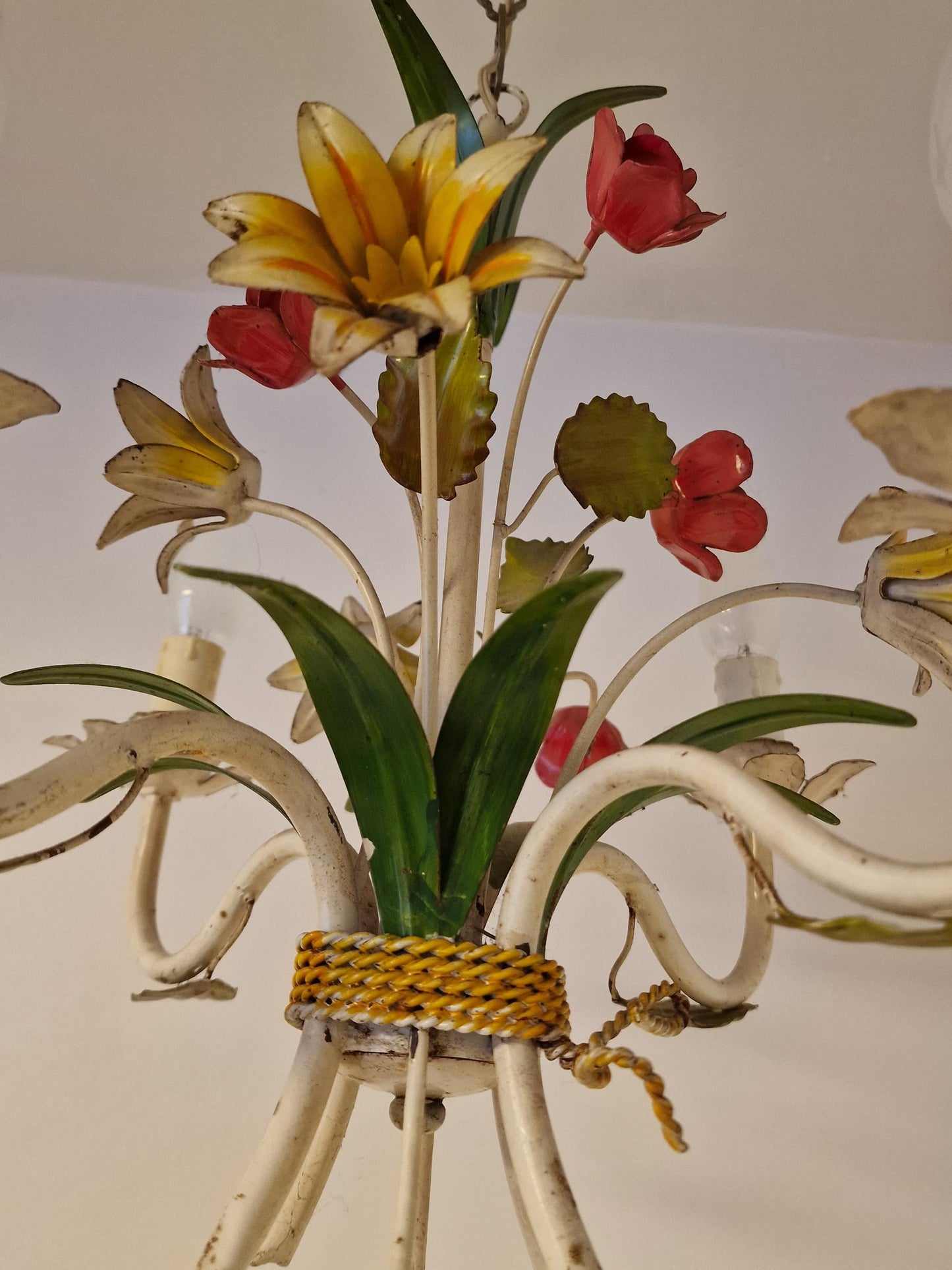 4-Light Exquisite Italian Piedmontese floral chandelier adorned with hand-painted flowers and leaves.