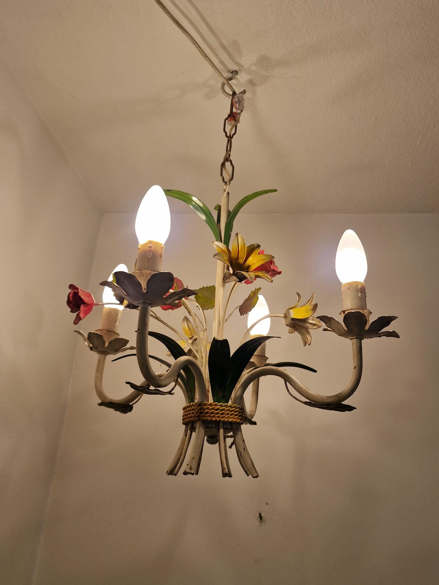 4-Light Exquisite Italian Piedmontese floral chandelier adorned with hand-painted flowers and leaves.
