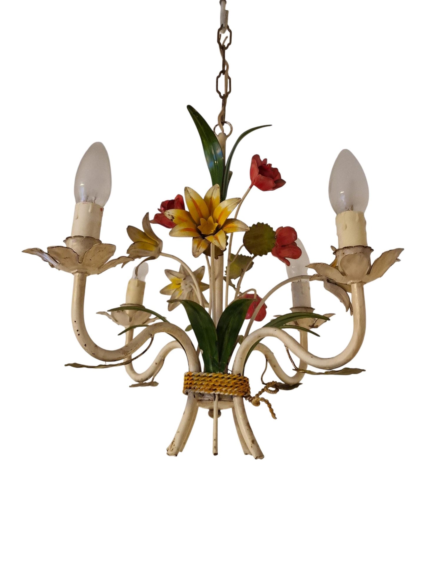 4-Light Exquisite Italian Piedmontese floral chandelier adorned with hand-painted flowers and leaves.