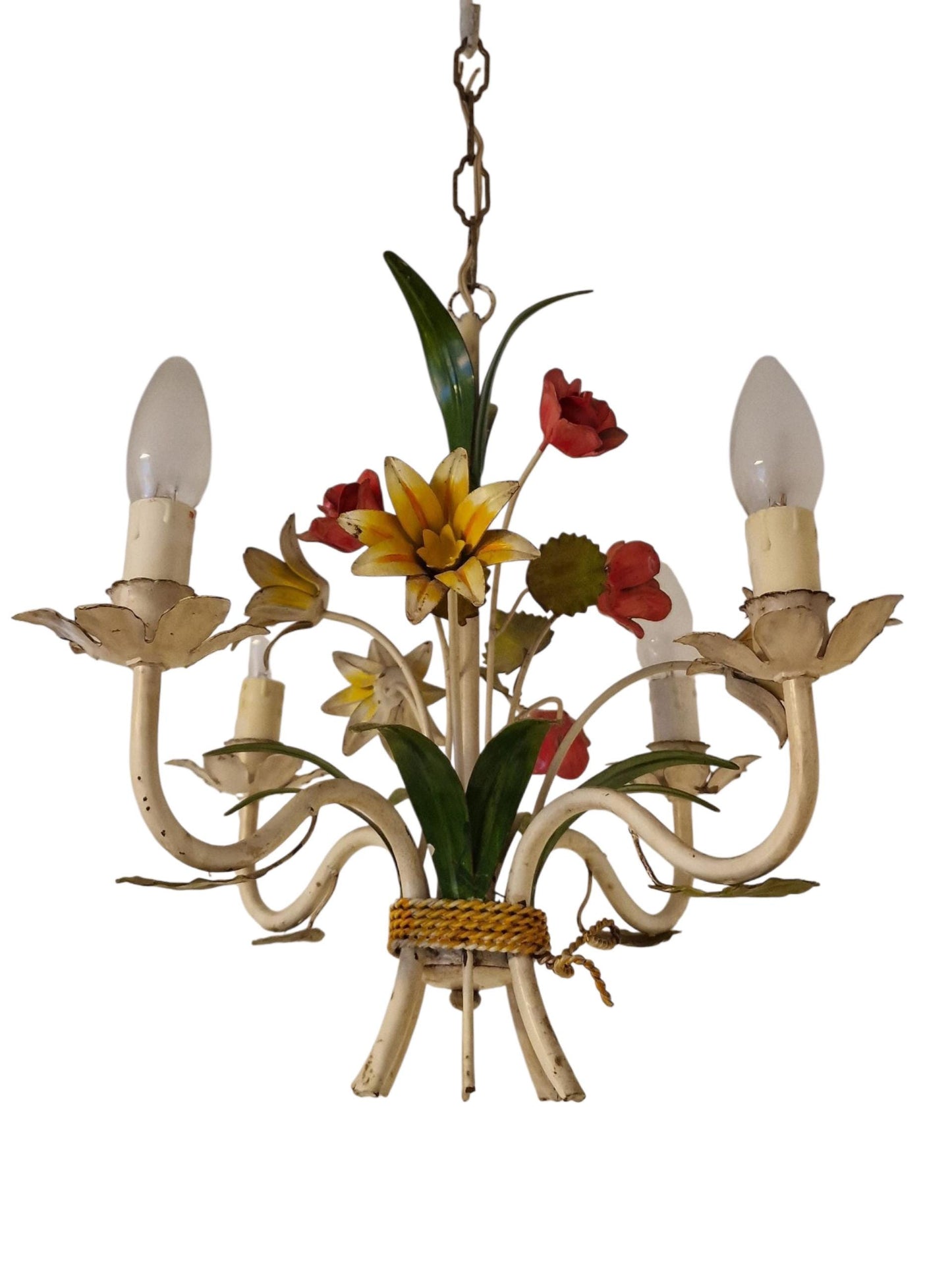 4-Light Exquisite Italian Piedmontese floral chandelier adorned with hand-painted flowers and leaves.