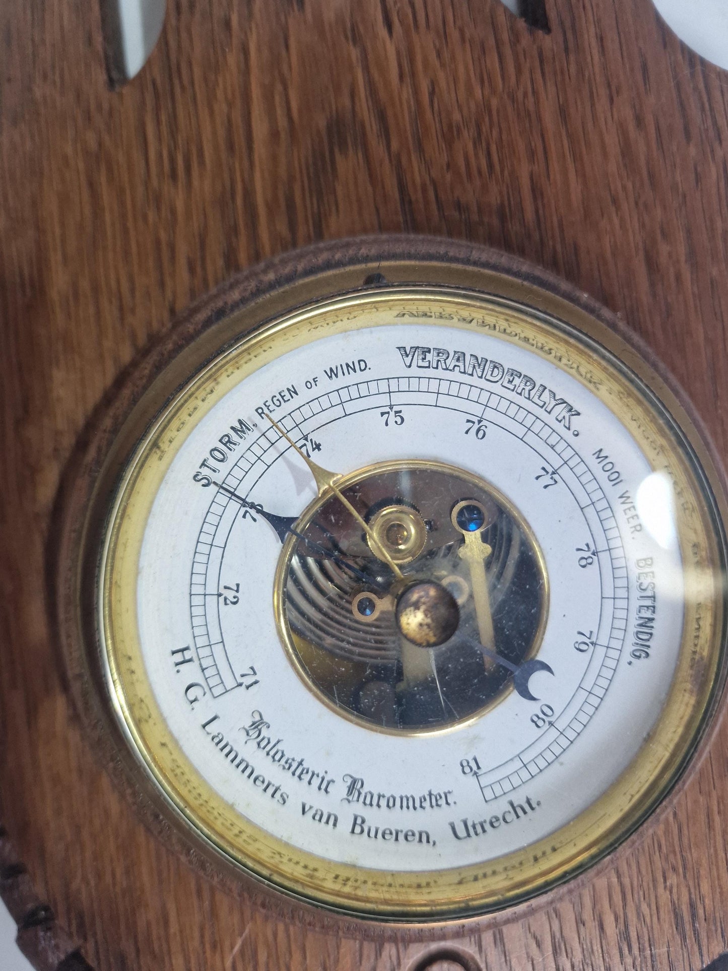 Antique Art Nouveau Barometer, Lammers van Bueren, Utrecht, Netherlands, Carved holosterie weatherstation thermometer jugendstil,