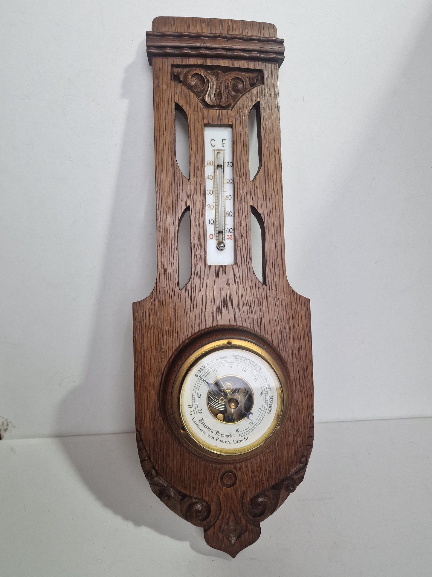 Antique Art Nouveau Barometer, Lammers van Bueren, Utrecht, Netherlands, Carved holosterie weatherstation thermometer jugendstil,