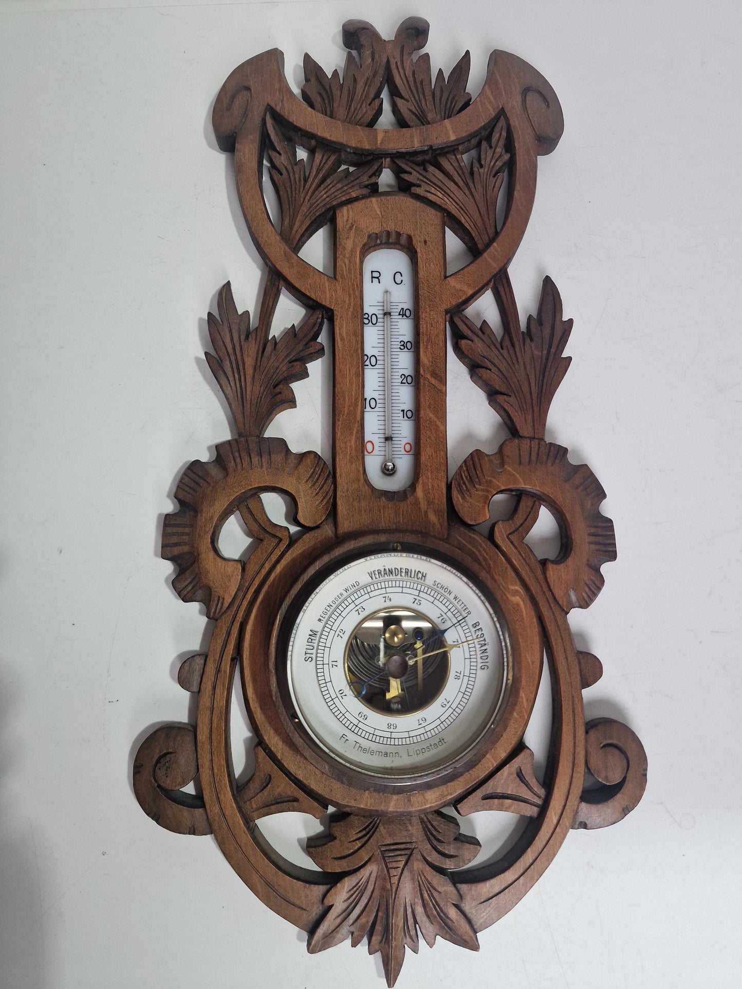 Antique Art Nouveau Barometer, Thelemann, Lippstadt , Carved holosterie weatherstation