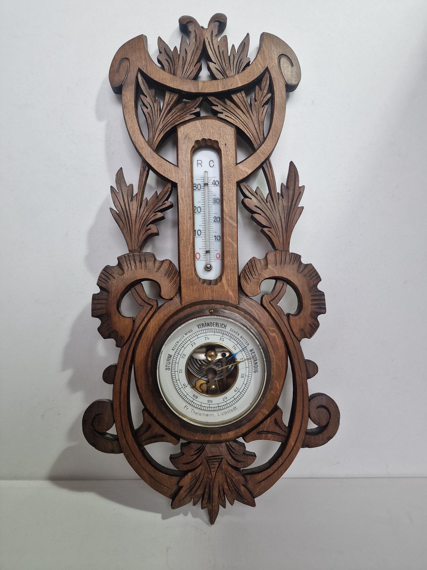 Antique Art Nouveau Barometer, Thelemann, Lippstadt , Carved holosterie weatherstation