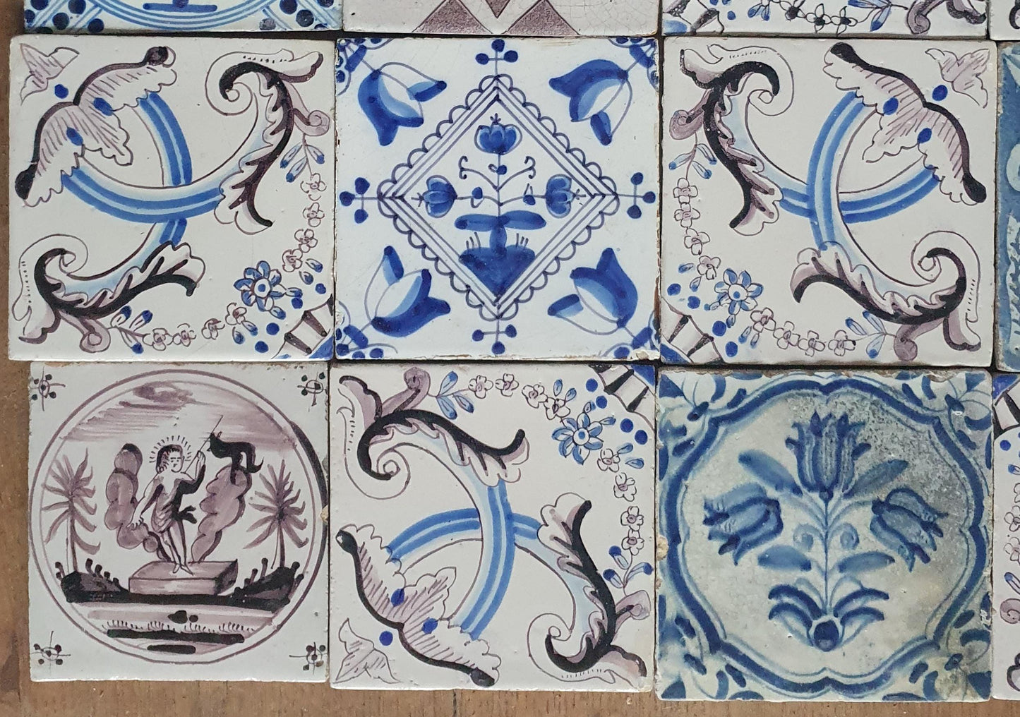 20 Piece Antique Delft Tiles, 19th Century Manganese , blue Dutch Tilefield (13x13cm)