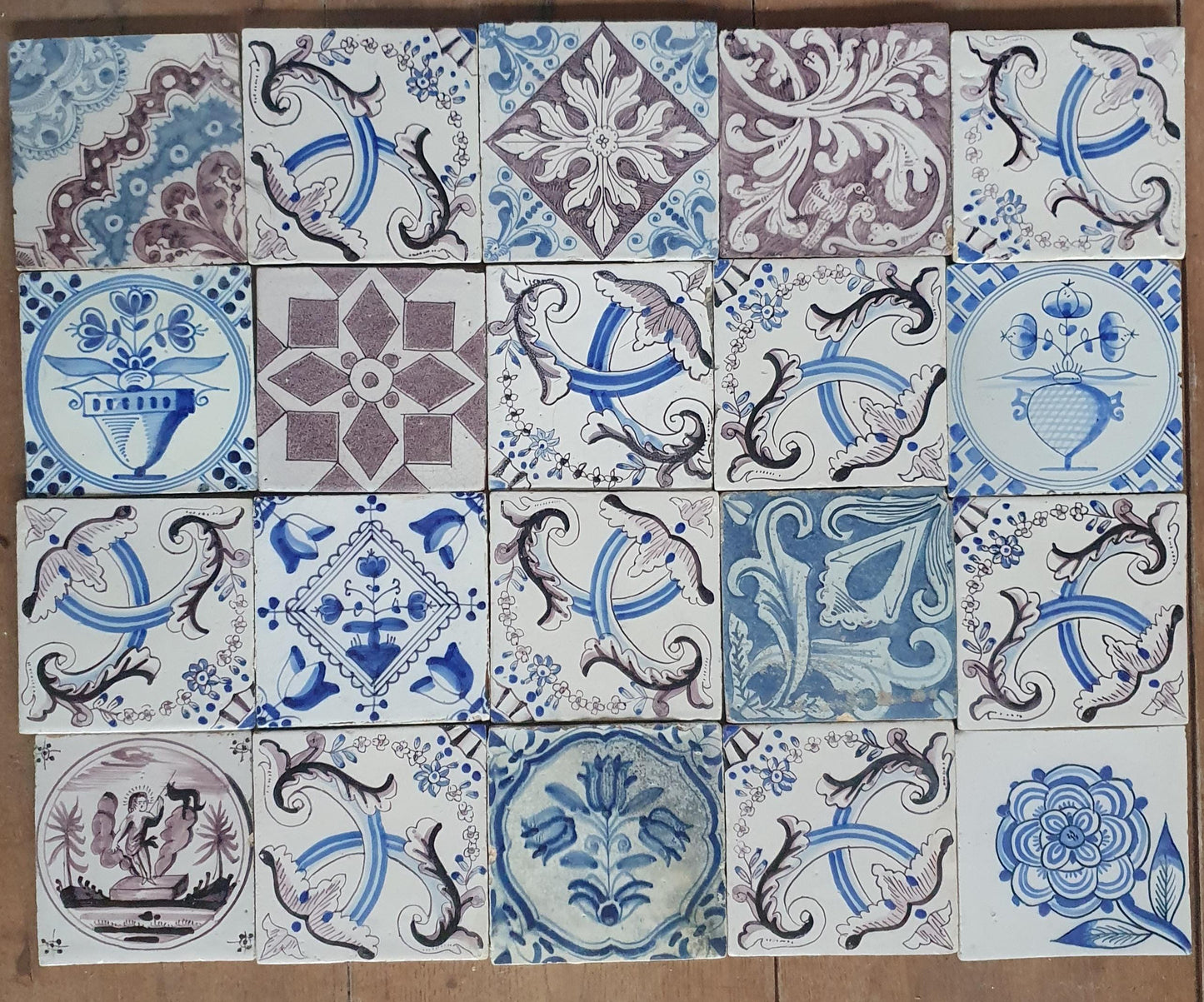 20 Piece Antique Delft Tiles, 19th Century Manganese , blue Dutch Tilefield (13x13cm)