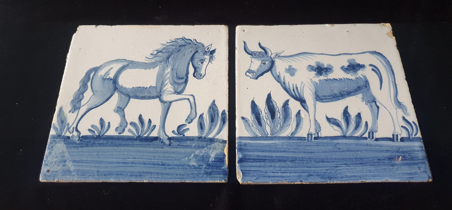 Dutch Delft Blue Tiletableau, Horse and Cow, 18th century, antique collectable and backsplash fireplace kitchen tiles Set of 2, ausema