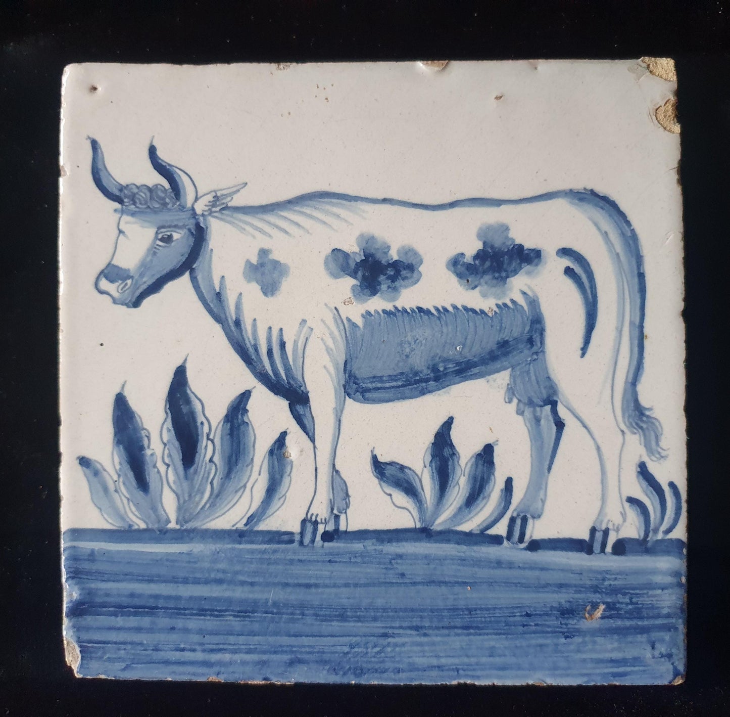 Dutch Delft Blue Tiletableau, Horse and Cow, 18th century, antique collectable and backsplash fireplace kitchen tiles Set of 2, ausema