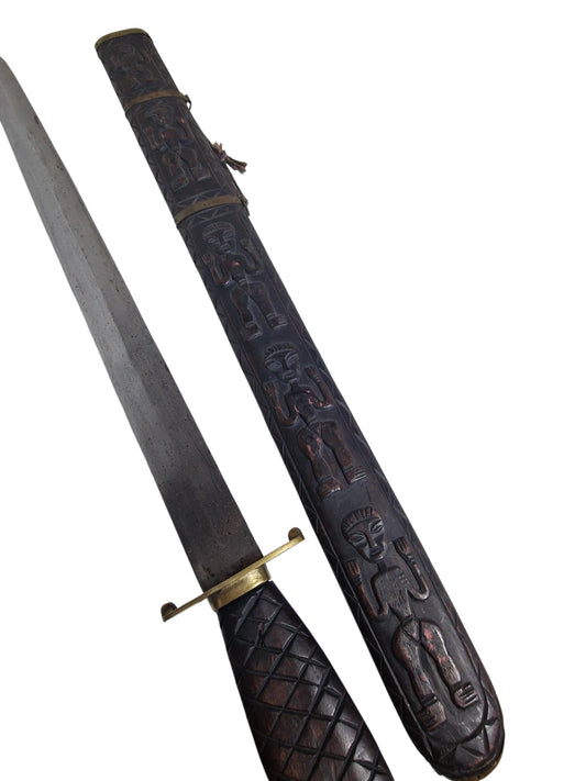 Large Vintage ethnic Decorative Sword with Carved Wooden Scabbard, origin Unknown – Acquired at Auction