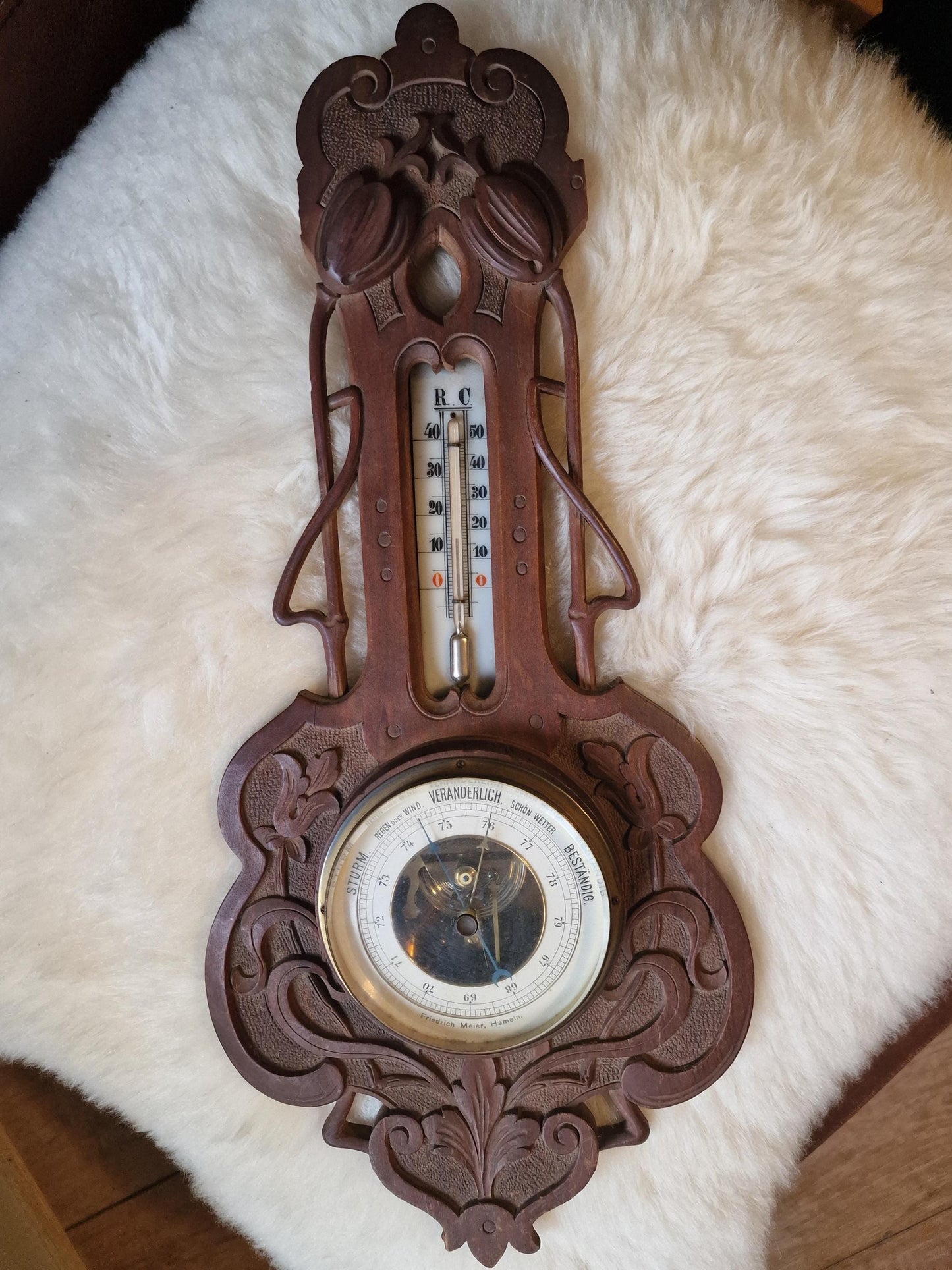 Art Nouveau Carved Holosteric Barometer: Antique German Weather Station, friedrich meier, hameln