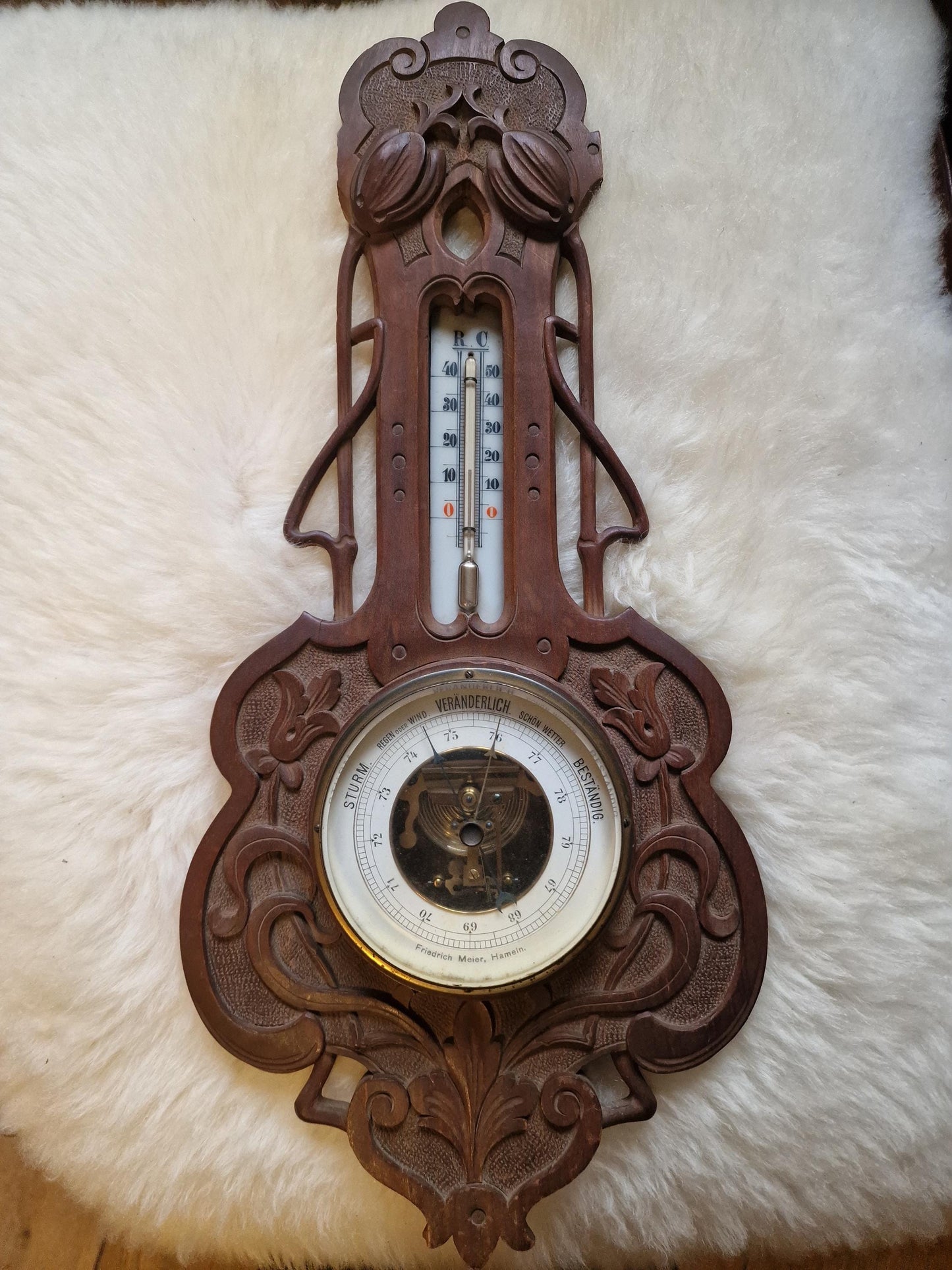 Art Nouveau Carved Holosteric Barometer: Antique German Weather Station, friedrich meier, hameln