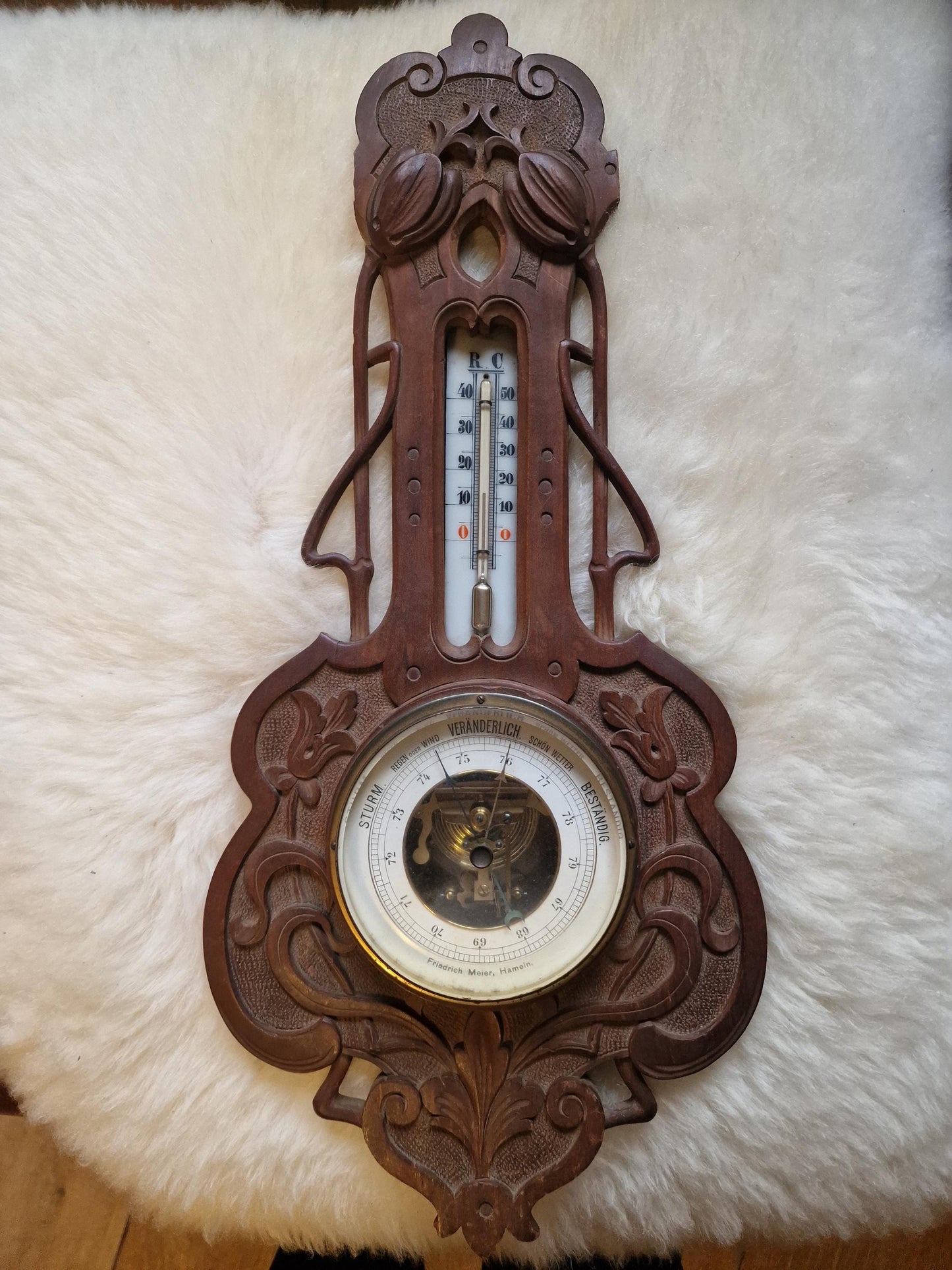 Art Nouveau Carved Holosteric Barometer: Antique German Weather Station, friedrich meier, hameln