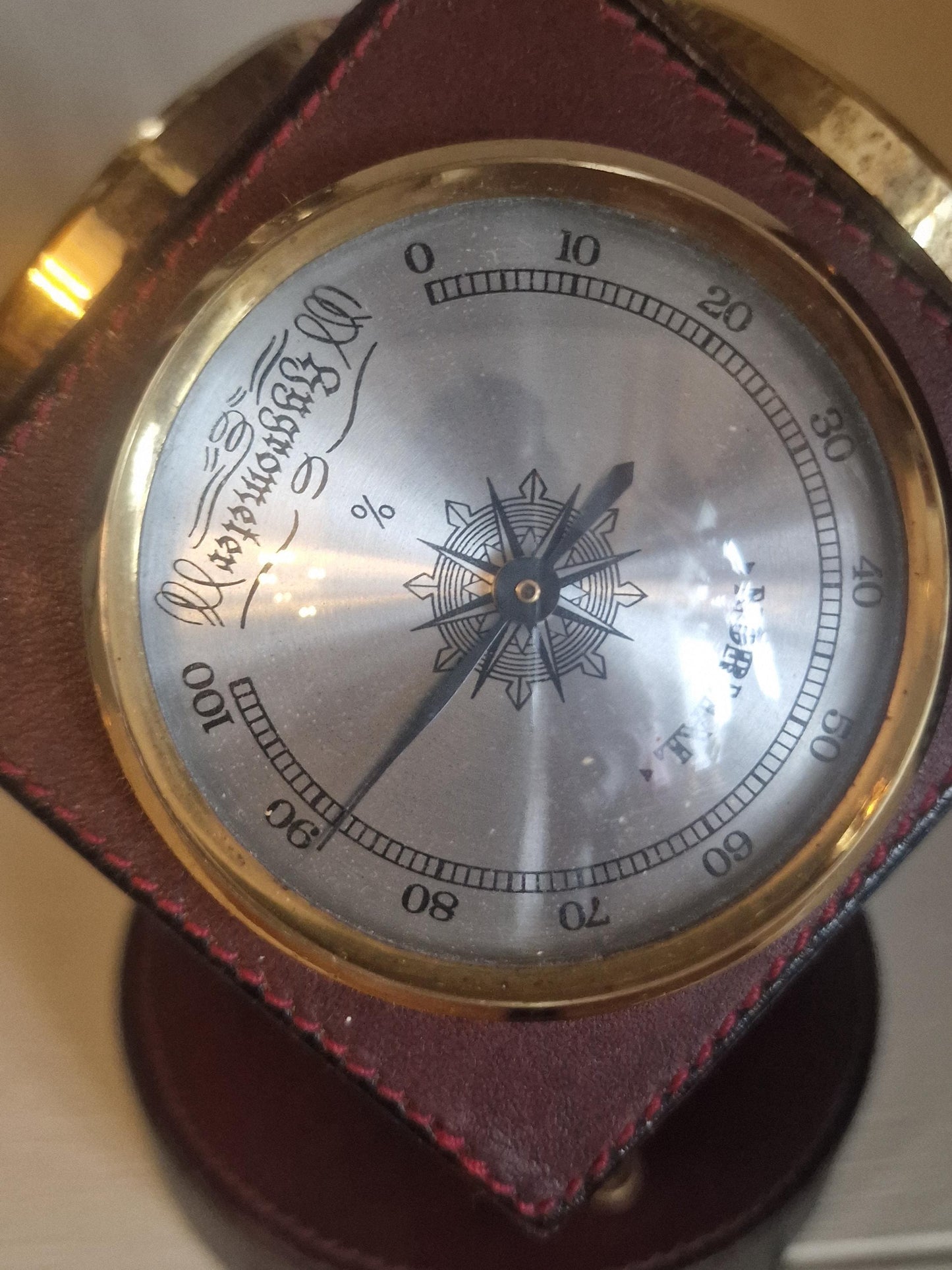 Vintage Brass Leather Barometer Thermometer, 1960s German Weather Station