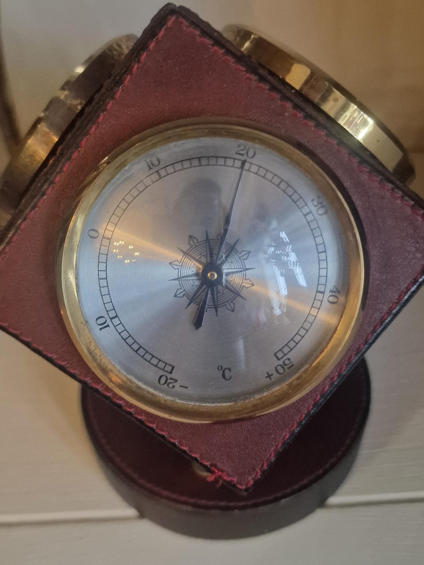 Vintage Brass Leather Barometer Thermometer, 1960s German Weather Station