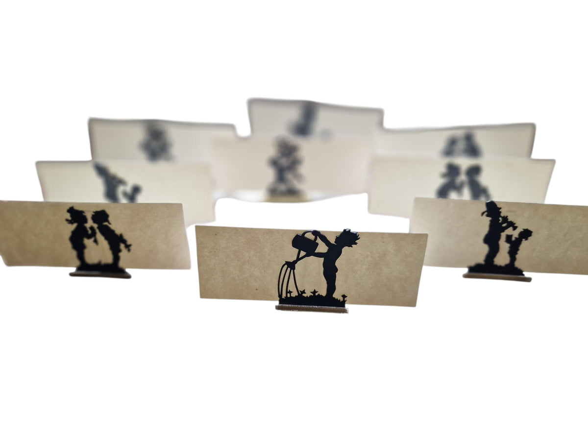Vintage silhouette place card holders – romantic children figures set, cards included. Mcm
