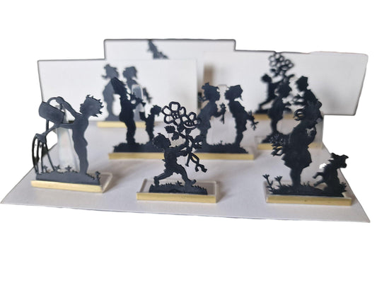 Vintage silhouette place card holders – romantic children figures set, cards included. Mcm