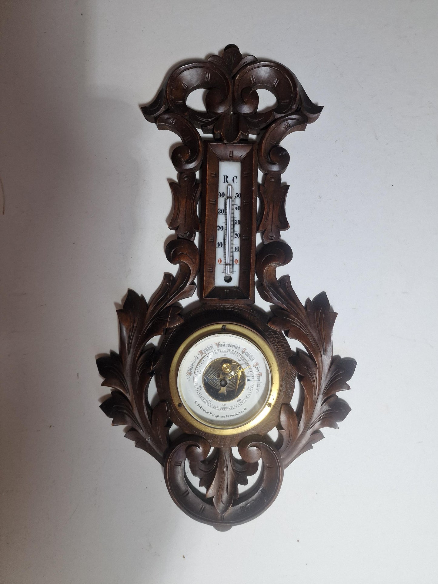 Antique Art Nouveau Barometer, Grunwald Frankfurt, hofleverancier, Carved holosterie weatherstation