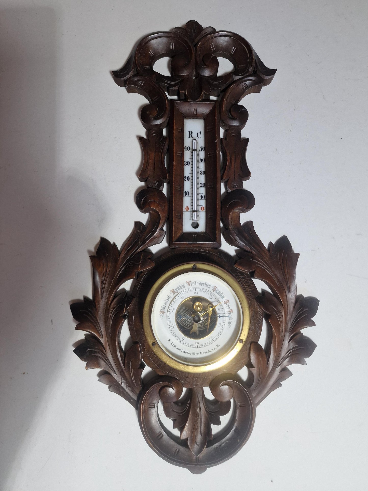 Antique Art Nouveau Barometer, Grunwald Frankfurt, hofleverancier, Carved holosterie weatherstation