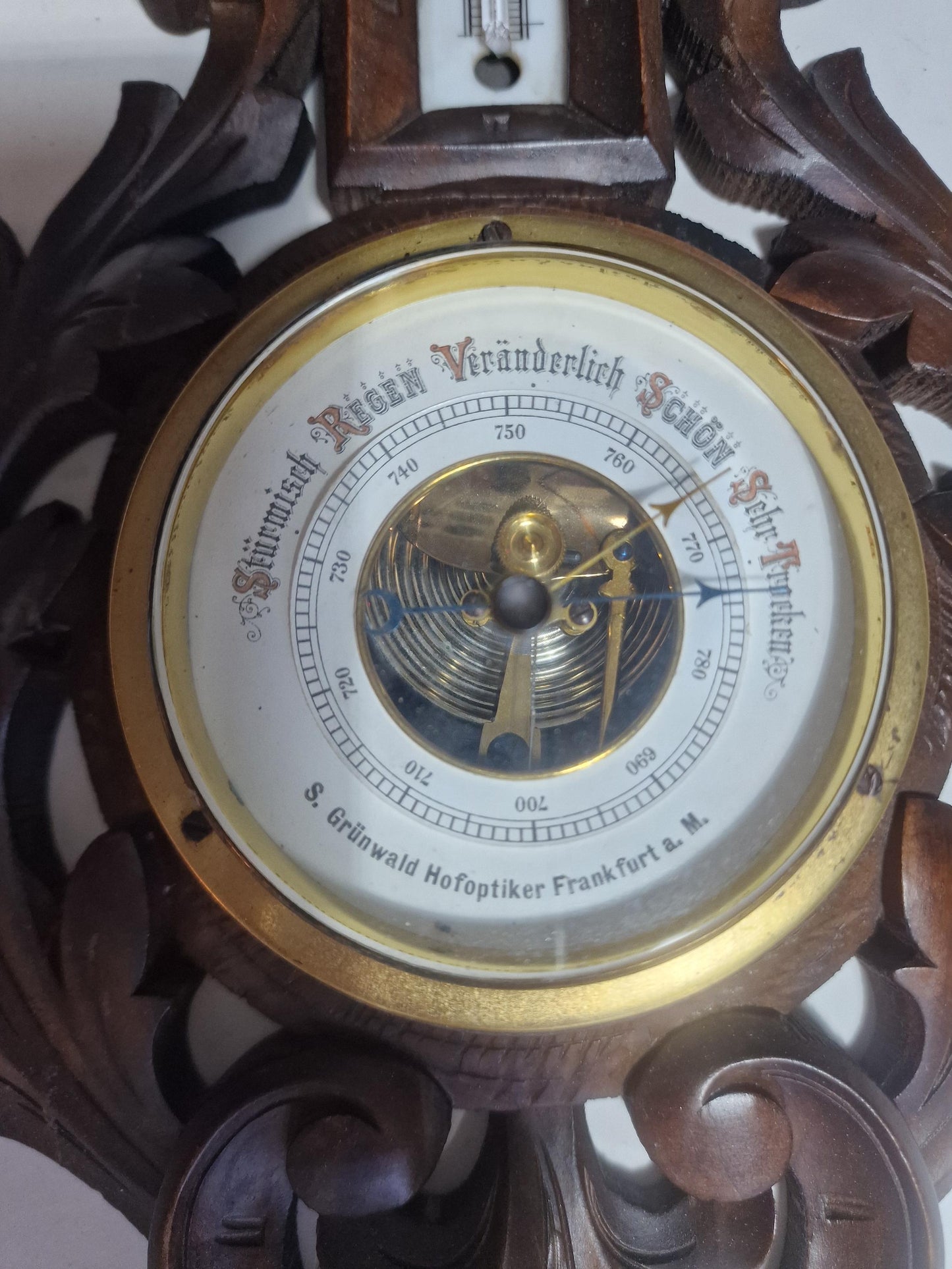 Antique Art Nouveau Barometer, Grunwald Frankfurt, hofleverancier, Carved holosterie weatherstation