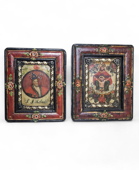 Antique Alpine Folk Art Panels – Saint Nicholas & Gnadenstuhl Pair