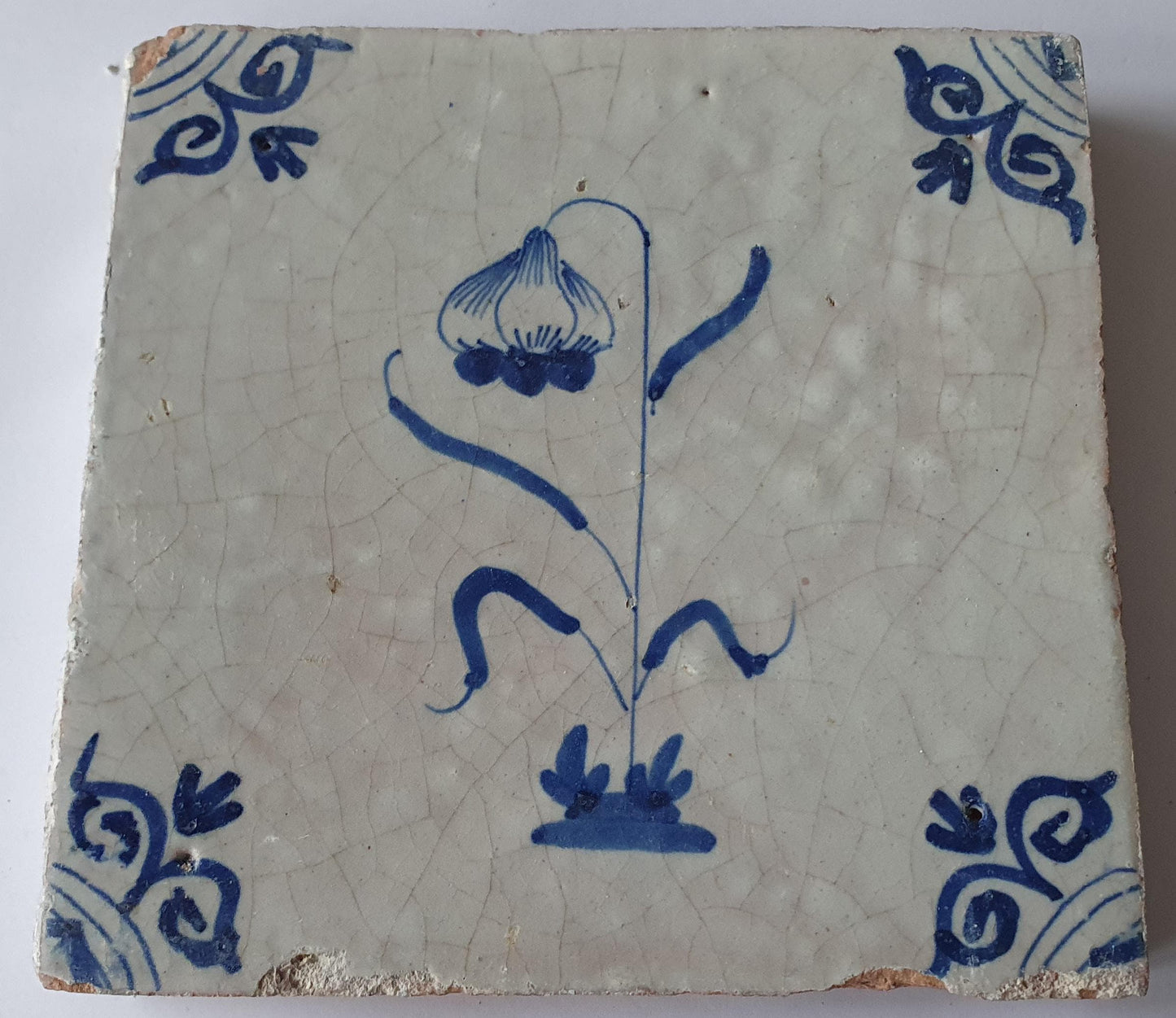 Deze  Delftse tegel toont een fraai geschilderde bloem en het blauw,  antieke Delft Blue Dutch 17e eeuw, verzameltegel, backsplash.