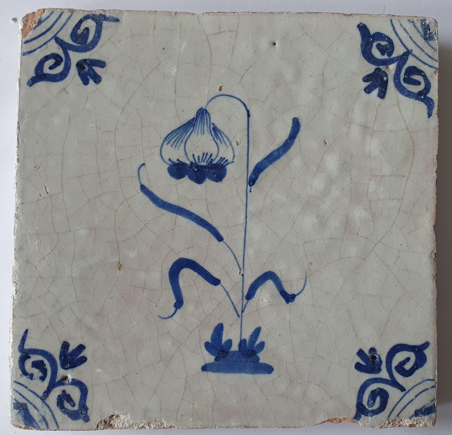 Deze  Delftse tegel toont een fraai geschilderde bloem en het blauw,  antieke Delft Blue Dutch 17e eeuw, verzameltegel, backsplash.