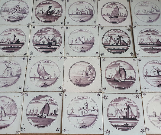 20 antieke Nederlandse wandtegels, cirkeltegels landschap in de kleur mangaan; Delft Blue Dutch backsplash fireplace tiles.