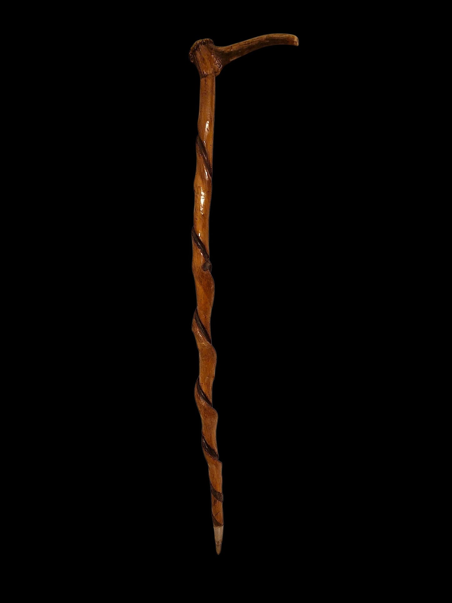 antique cane Bavarian twisted walking stick with deer antlers, european collection, flannel stick,