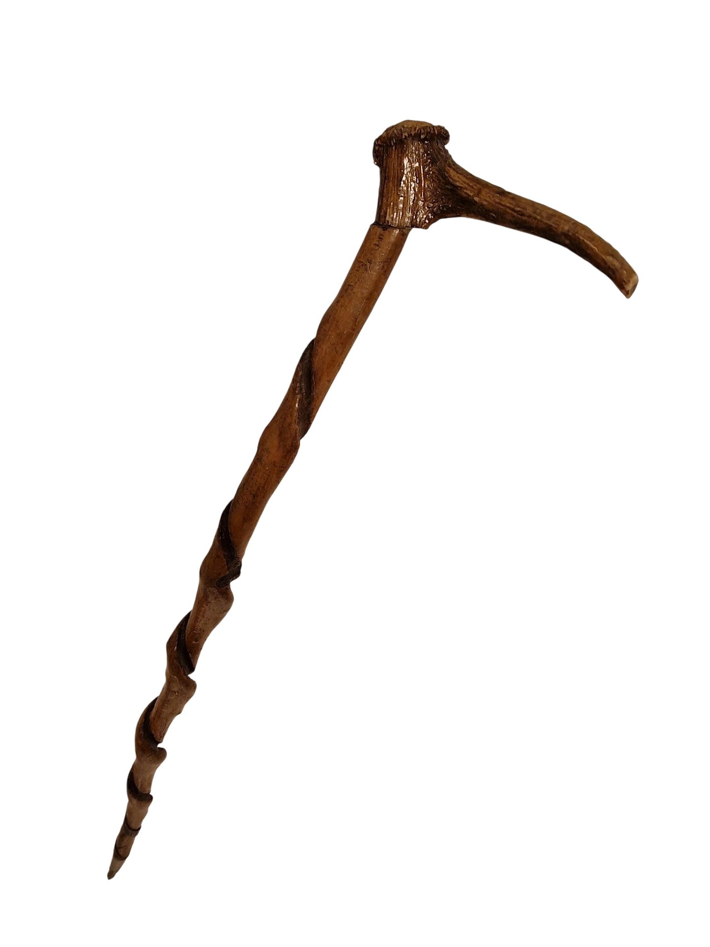antique cane Bavarian twisted walking stick with deer antlers, european collection, flannel stick,