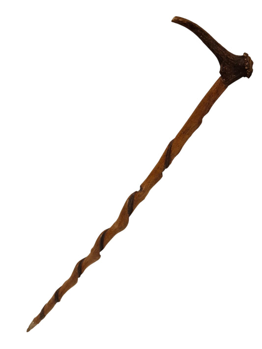 antique cane Bavarian twisted walking stick with deer antlers, european collection, flannel stick,