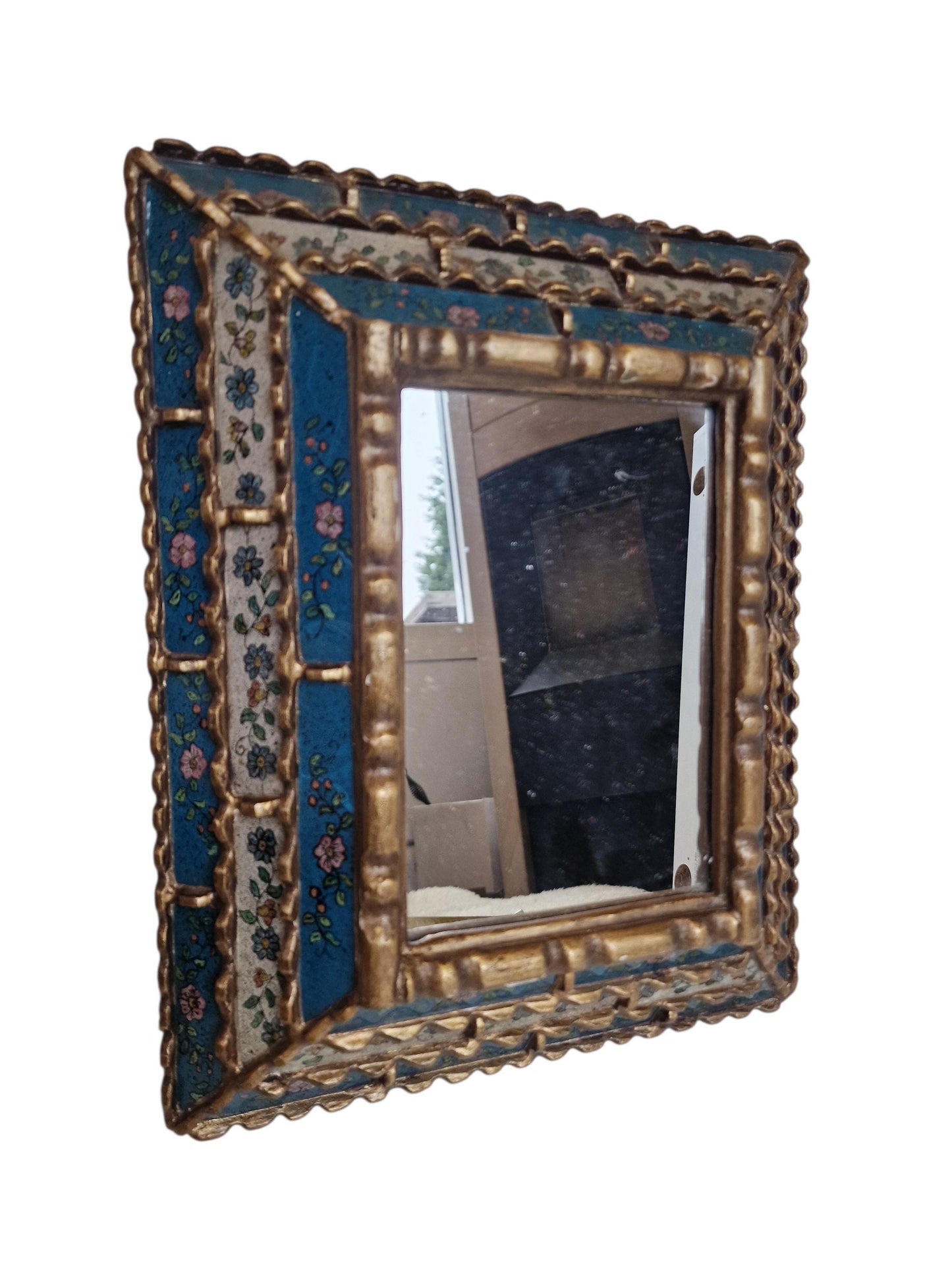 Vintage Italian Enamel Wall Mirror – Hand-Painted Floral, Cloisonné-Style