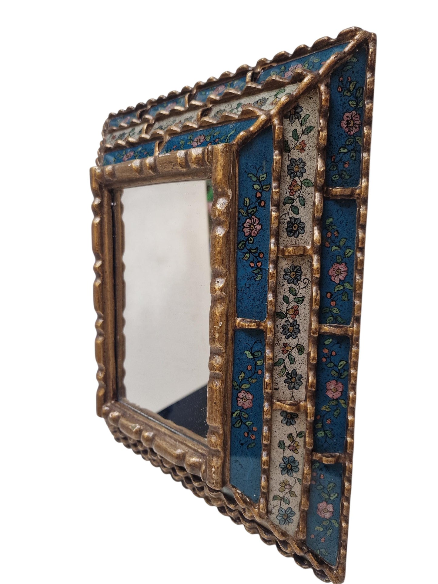 Vintage Italian Enamel Wall Mirror – Hand-Painted Floral, Cloisonné-Style