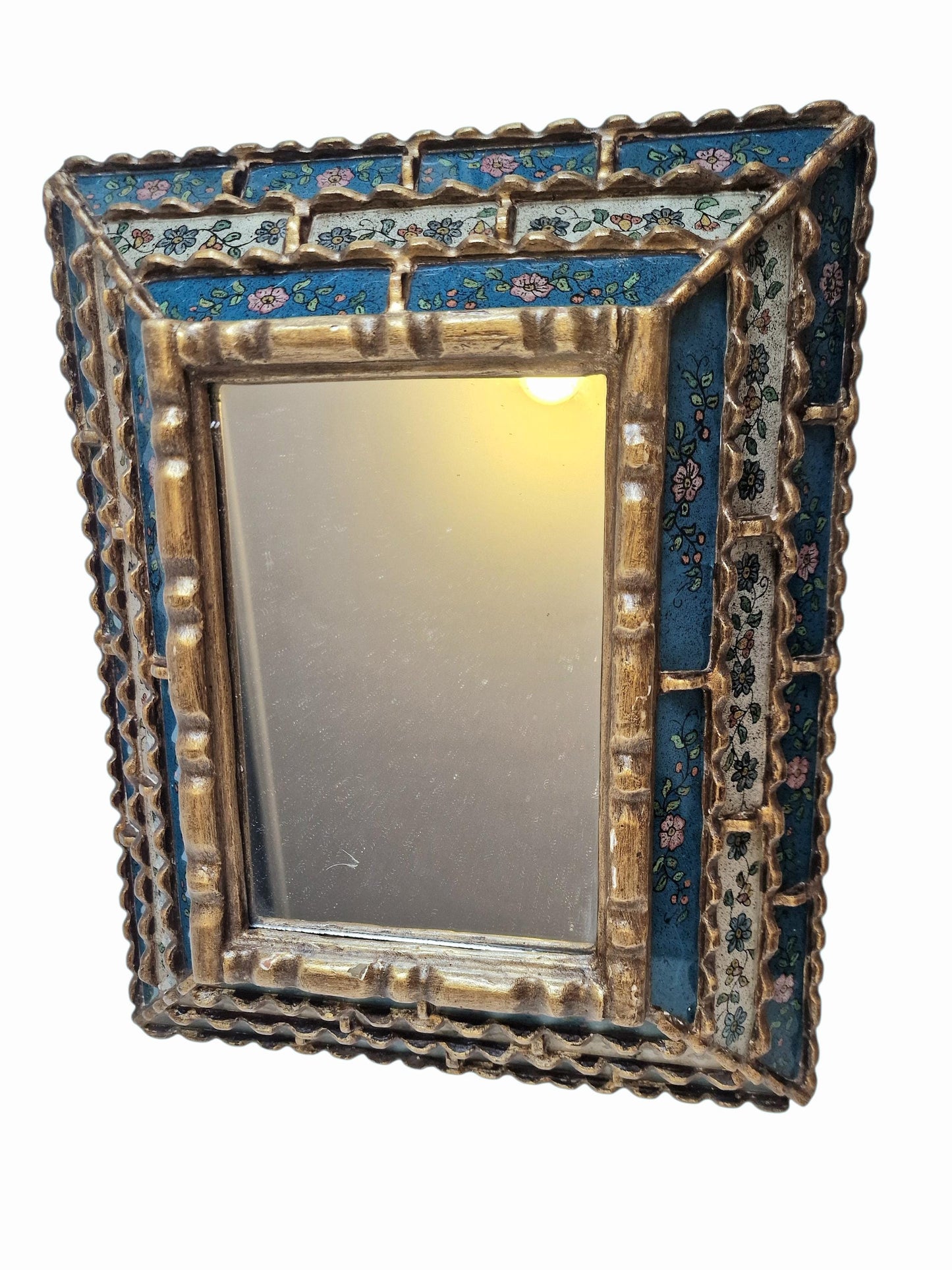 Vintage Italian Enamel Wall Mirror – Hand-Painted Floral, Cloisonné-Style