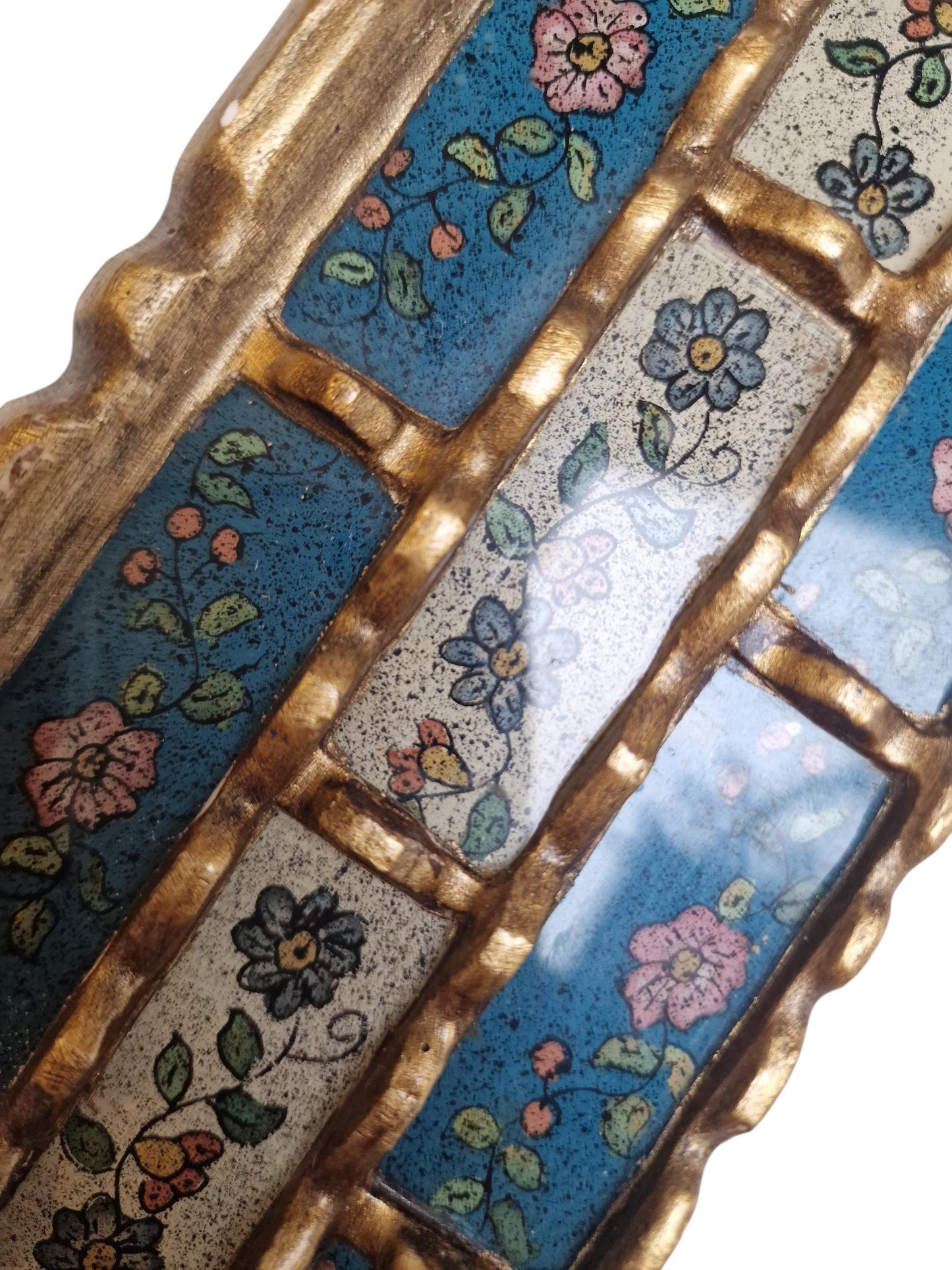 Vintage Italian Enamel Wall Mirror – Hand-Painted Floral, Cloisonné-Style